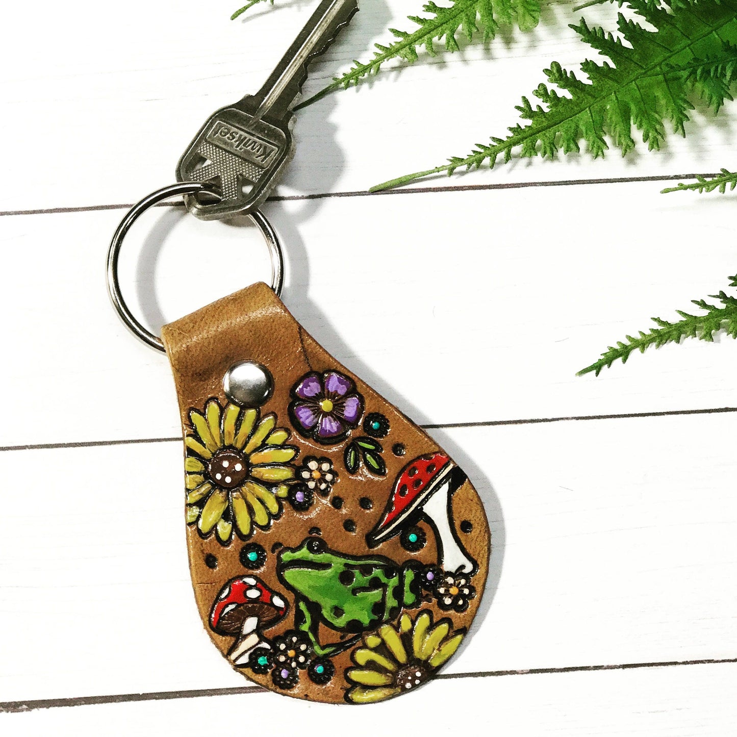 Frog and Mushroom Leather Key Ring