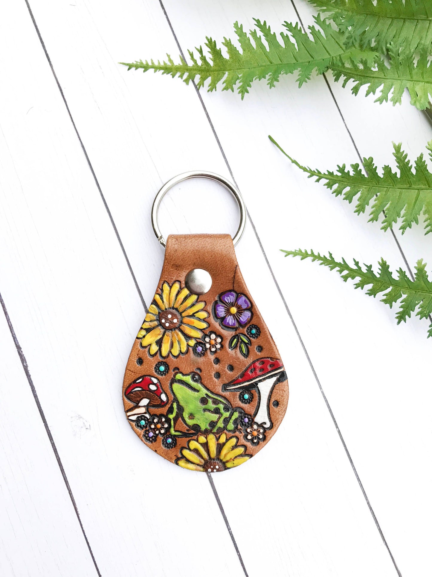 Frog and Mushroom Leather Key Ring