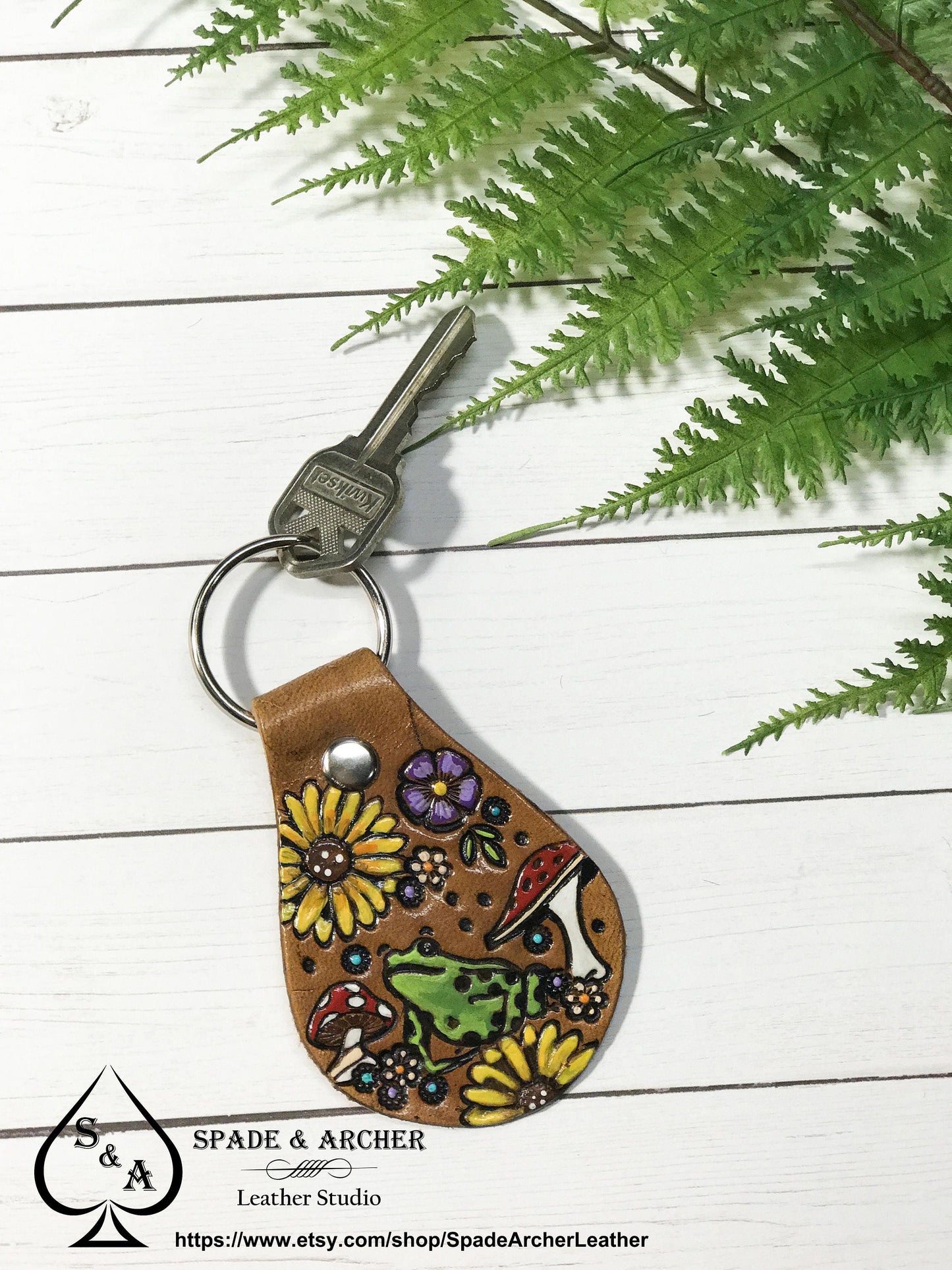 Frog and Mushroom Leather Key Ring