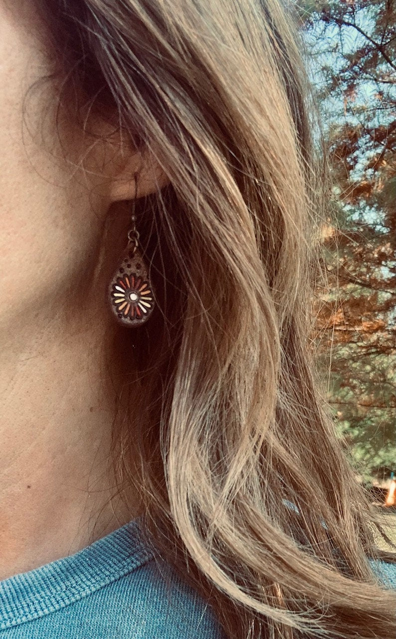 Leather Stamped Flower Earrings