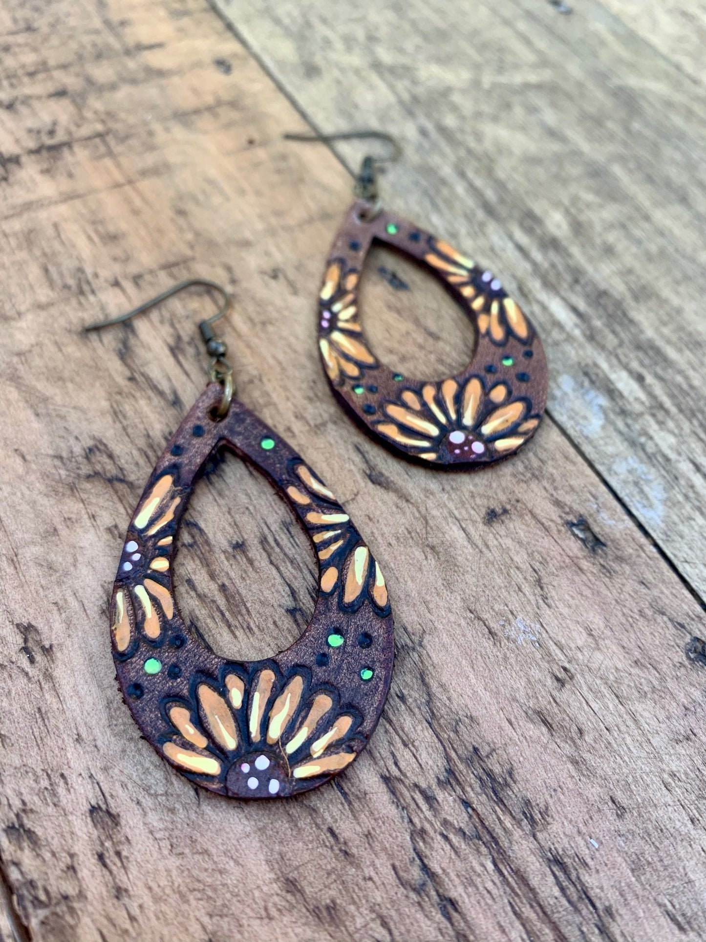 Leather Stamped Sunflower Earrings
