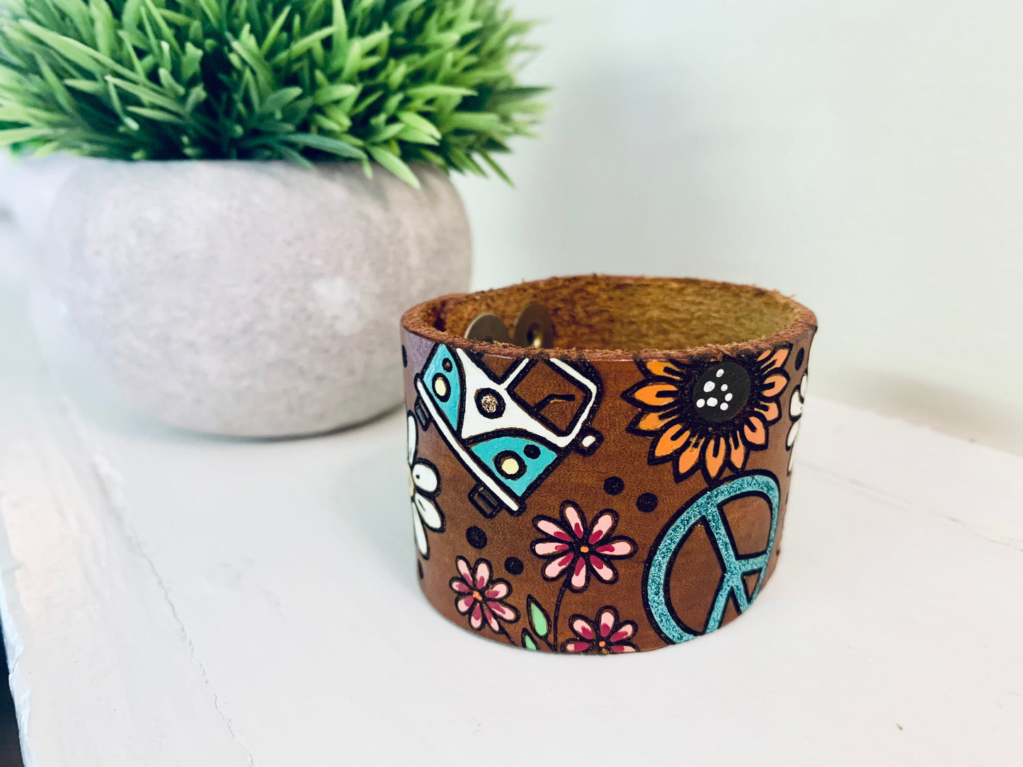 Hippie Volkswagen Bus Style Leather Cuff