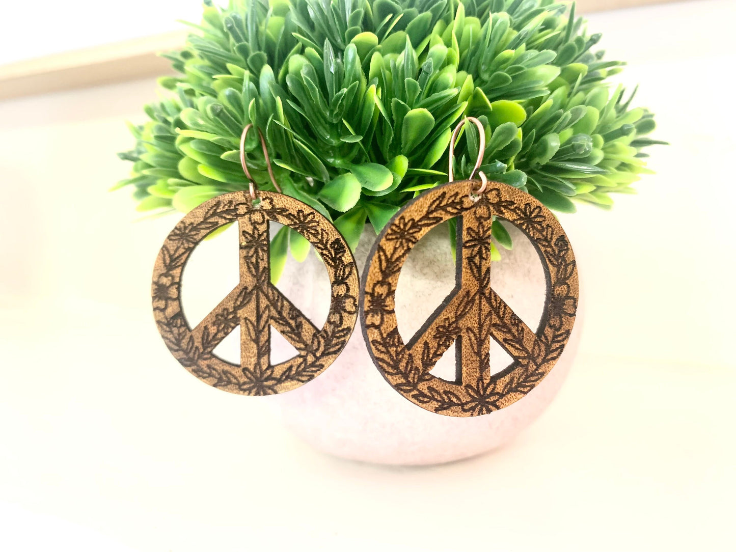 Leather Peace Sign Flower Earrings