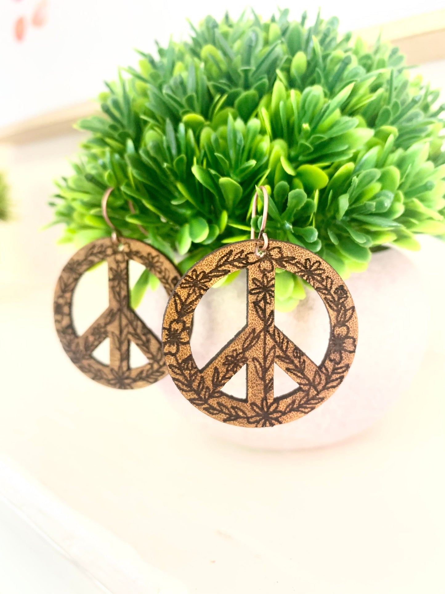 Leather Peace Sign Flower Earrings