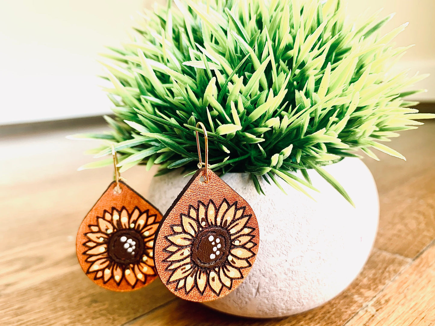 Sunflower Leather Teardrop Earrings