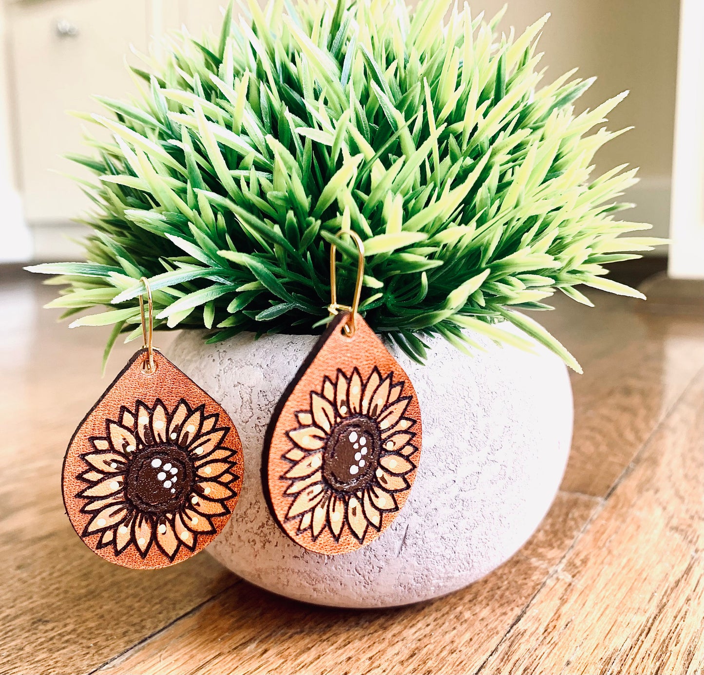 Sunflower Leather Teardrop Earrings