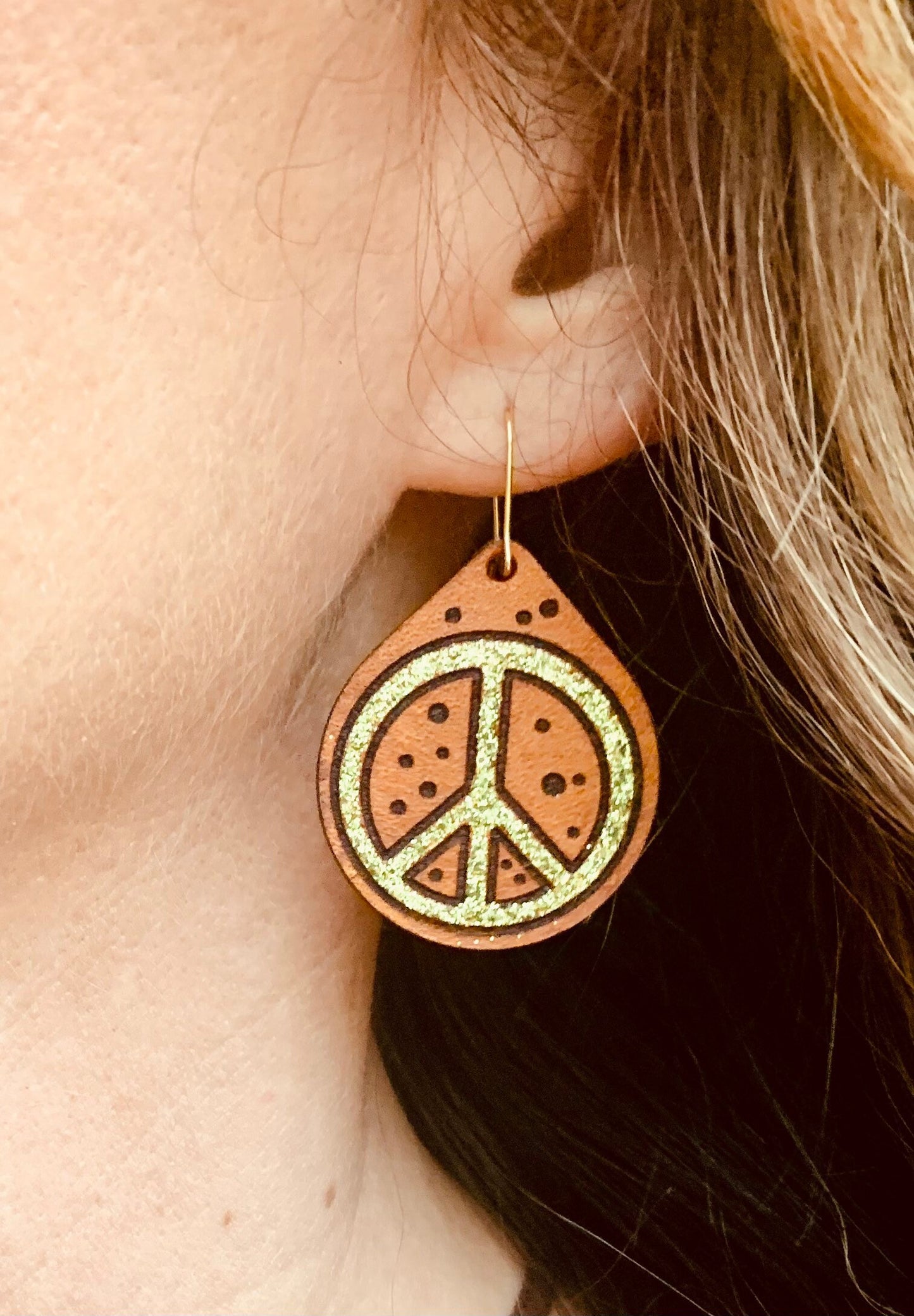 Leather Peace Sign Glitter Earrings
