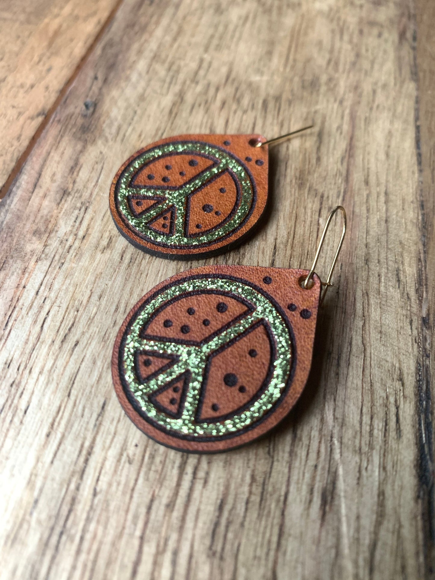 Leather Peace Sign Glitter Earrings