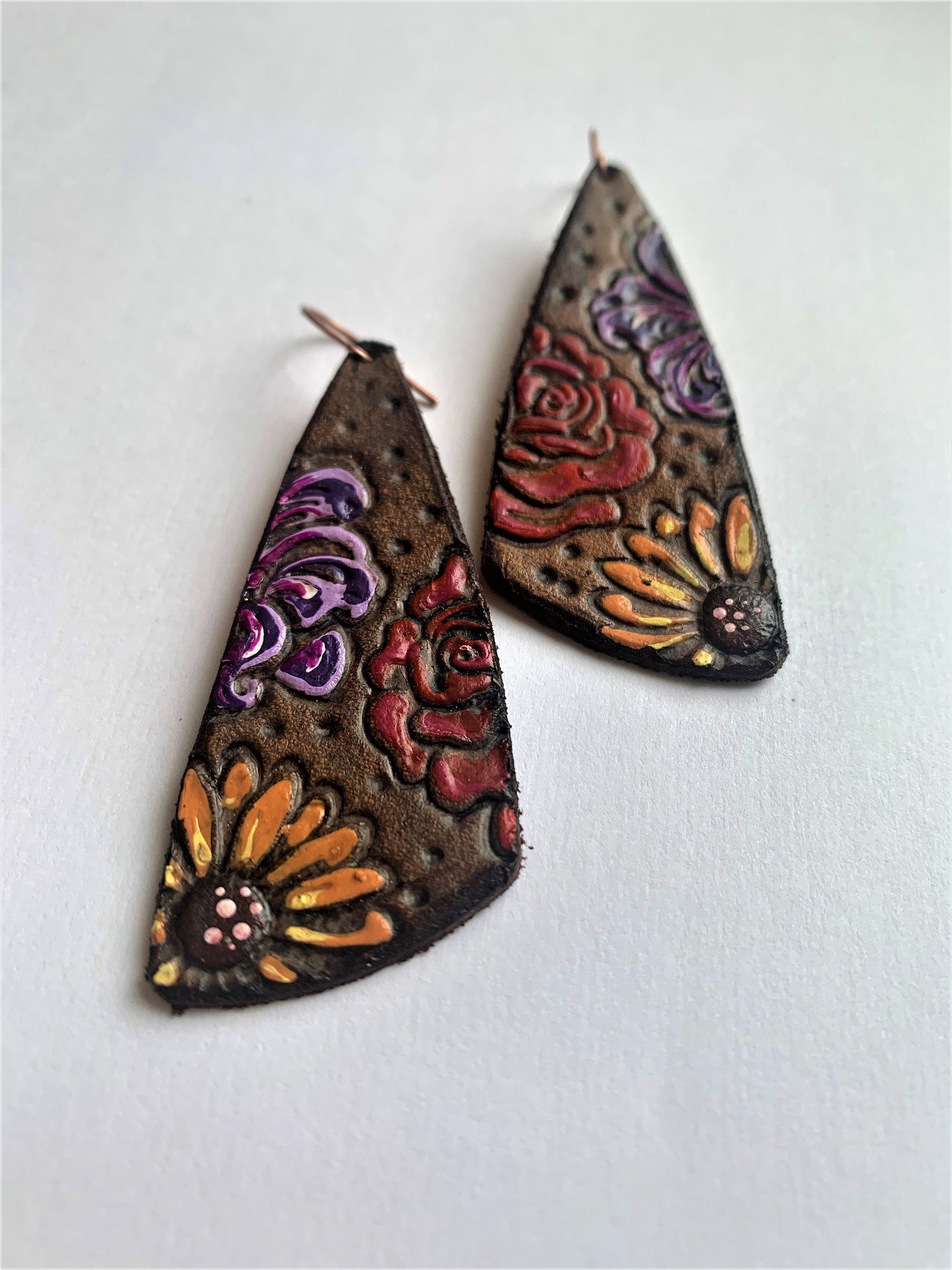 Leather Stamped Sunflower and Roses Earrings