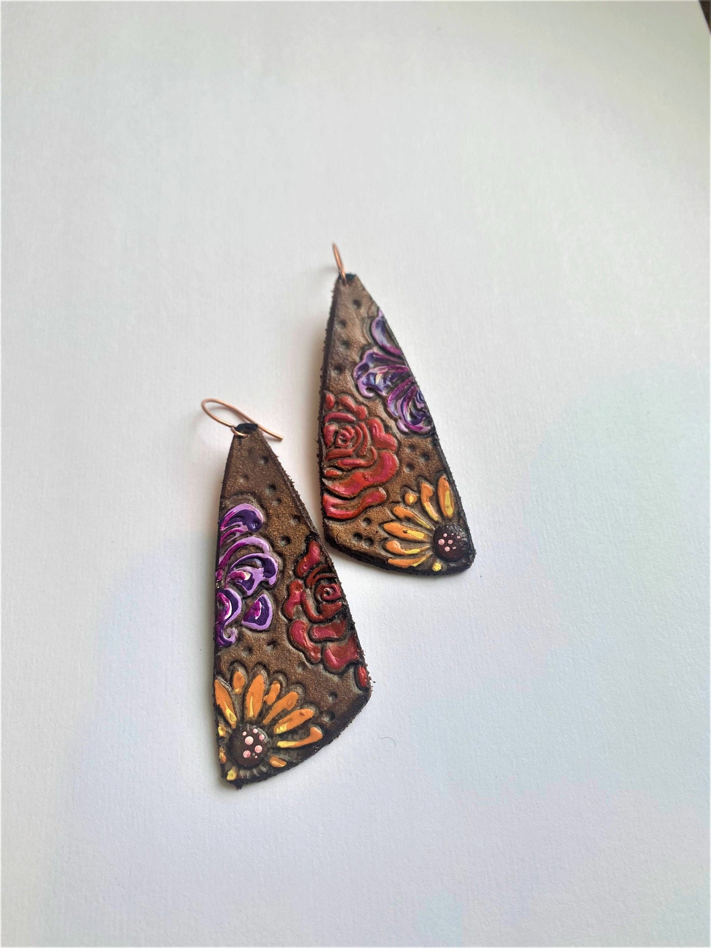 Leather Stamped Sunflower and Roses Earrings
