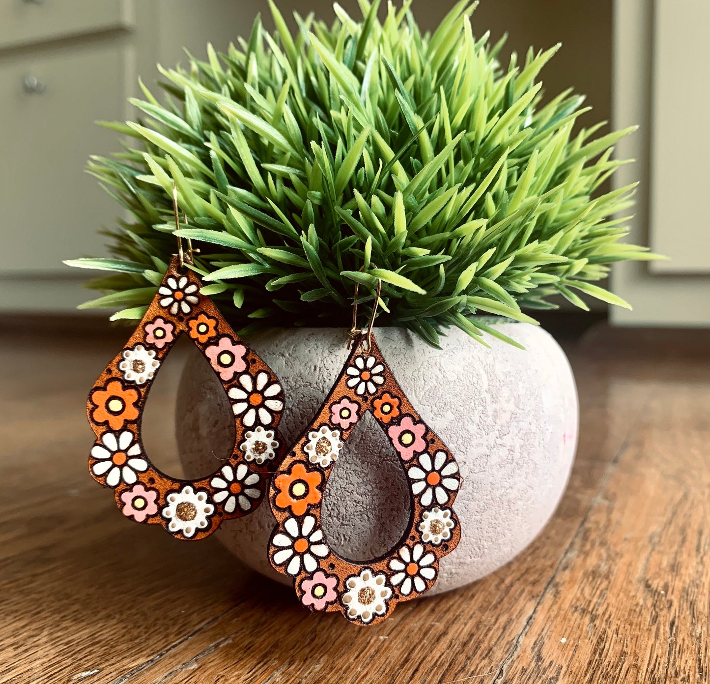 White Flower Leather Earrings