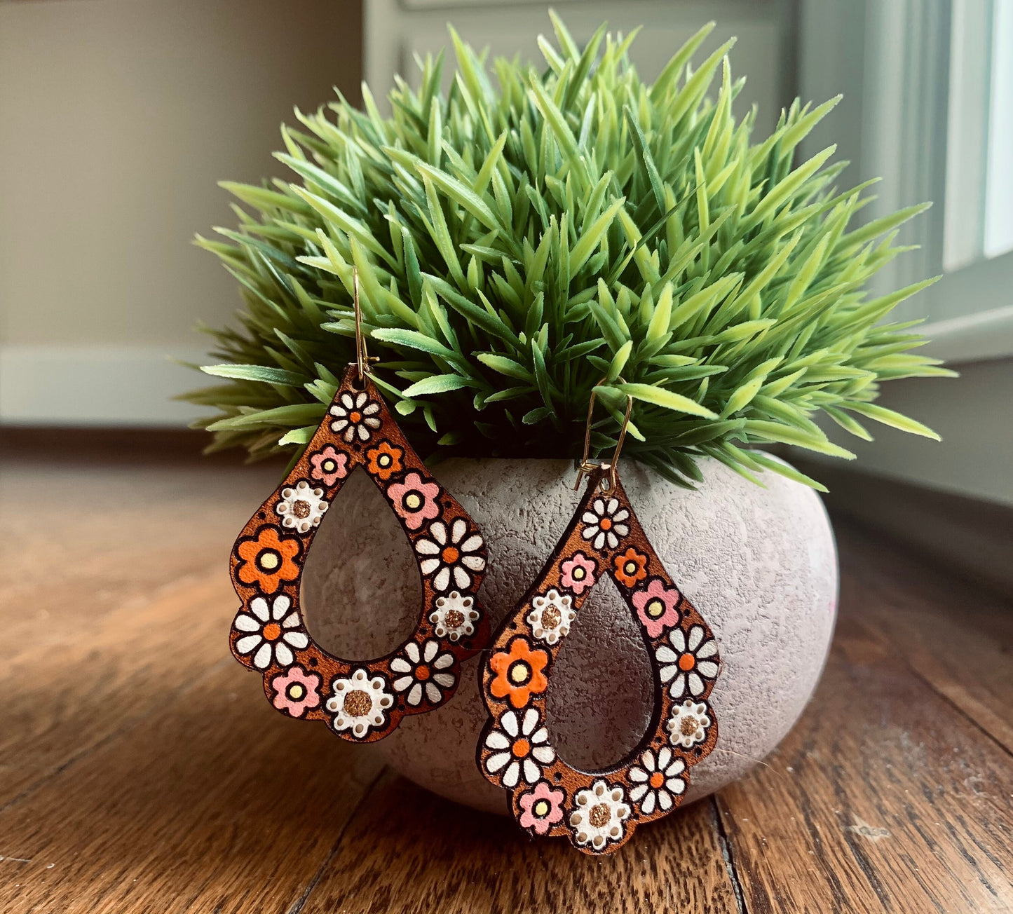 White Flower Leather Earrings