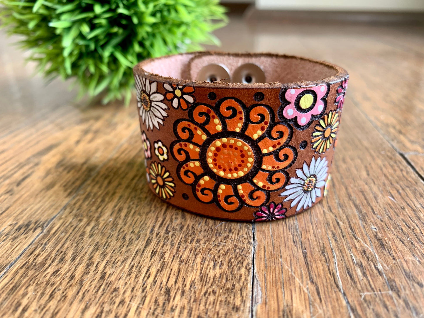 Vibrant Flower Sunburst Leather Cuff