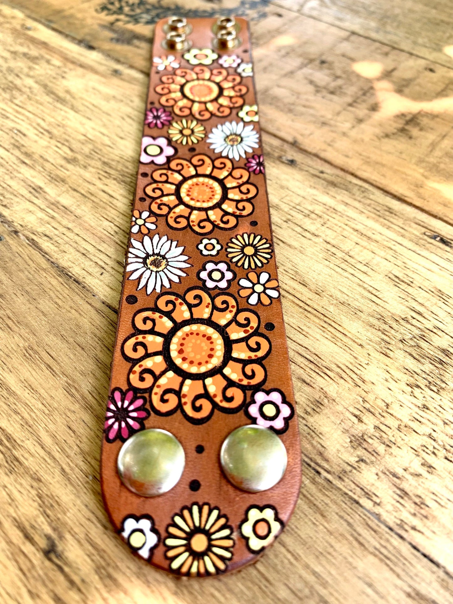 Vibrant Flower Sunburst Leather Cuff