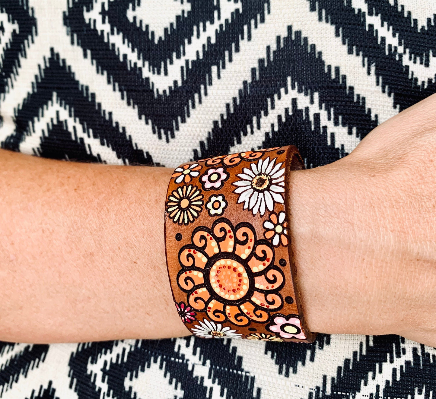 Vibrant Flower Sunburst Leather Cuff