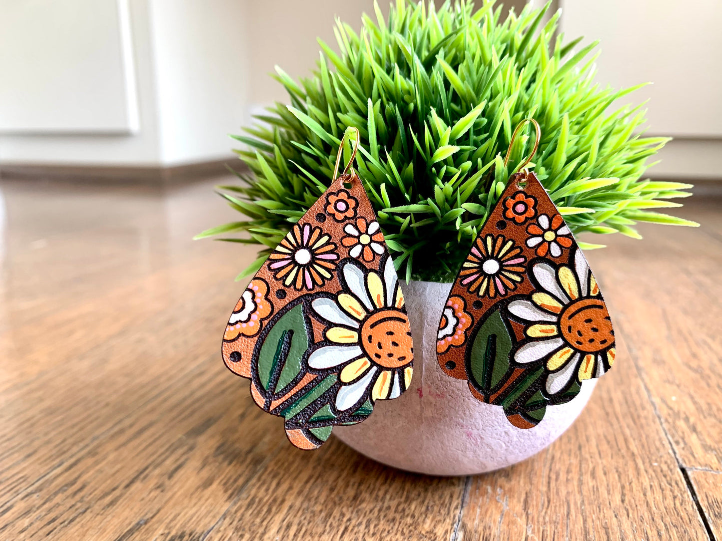 Retro 70s Mod Pop Flower Leather Earrings