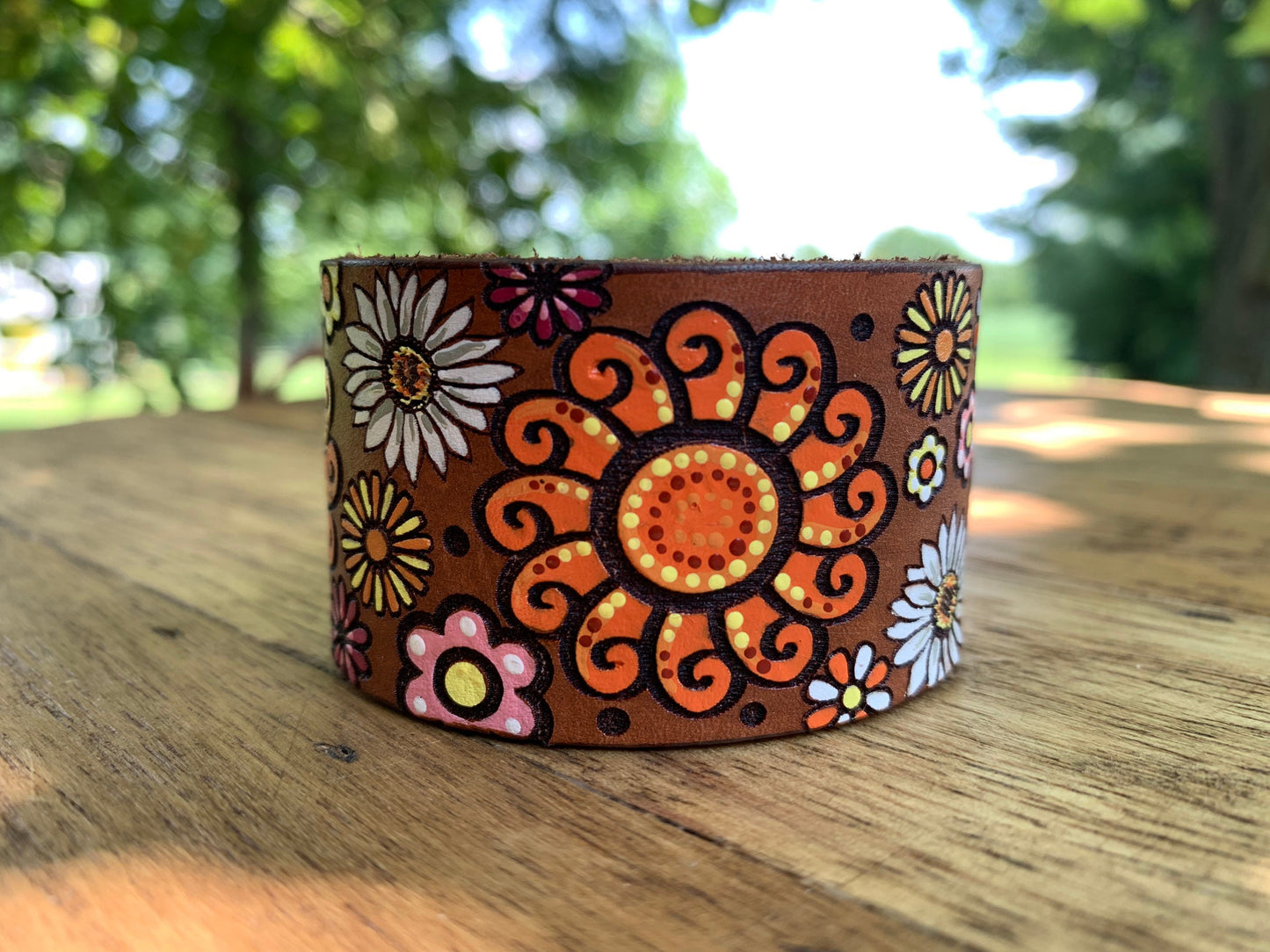 Vibrant Flower Sunburst Leather Cuff