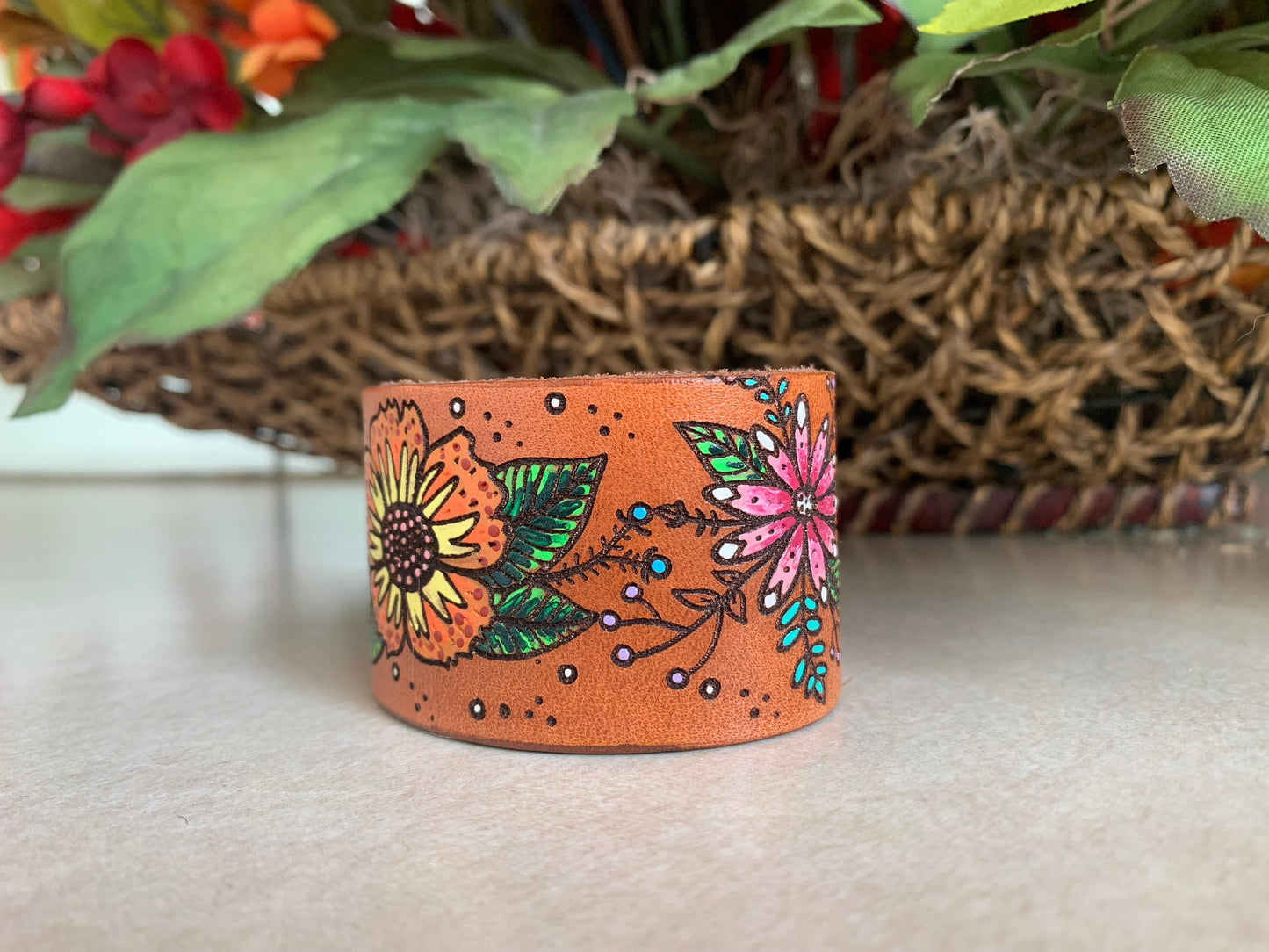 Bohemian Country Flower Leather Cuff