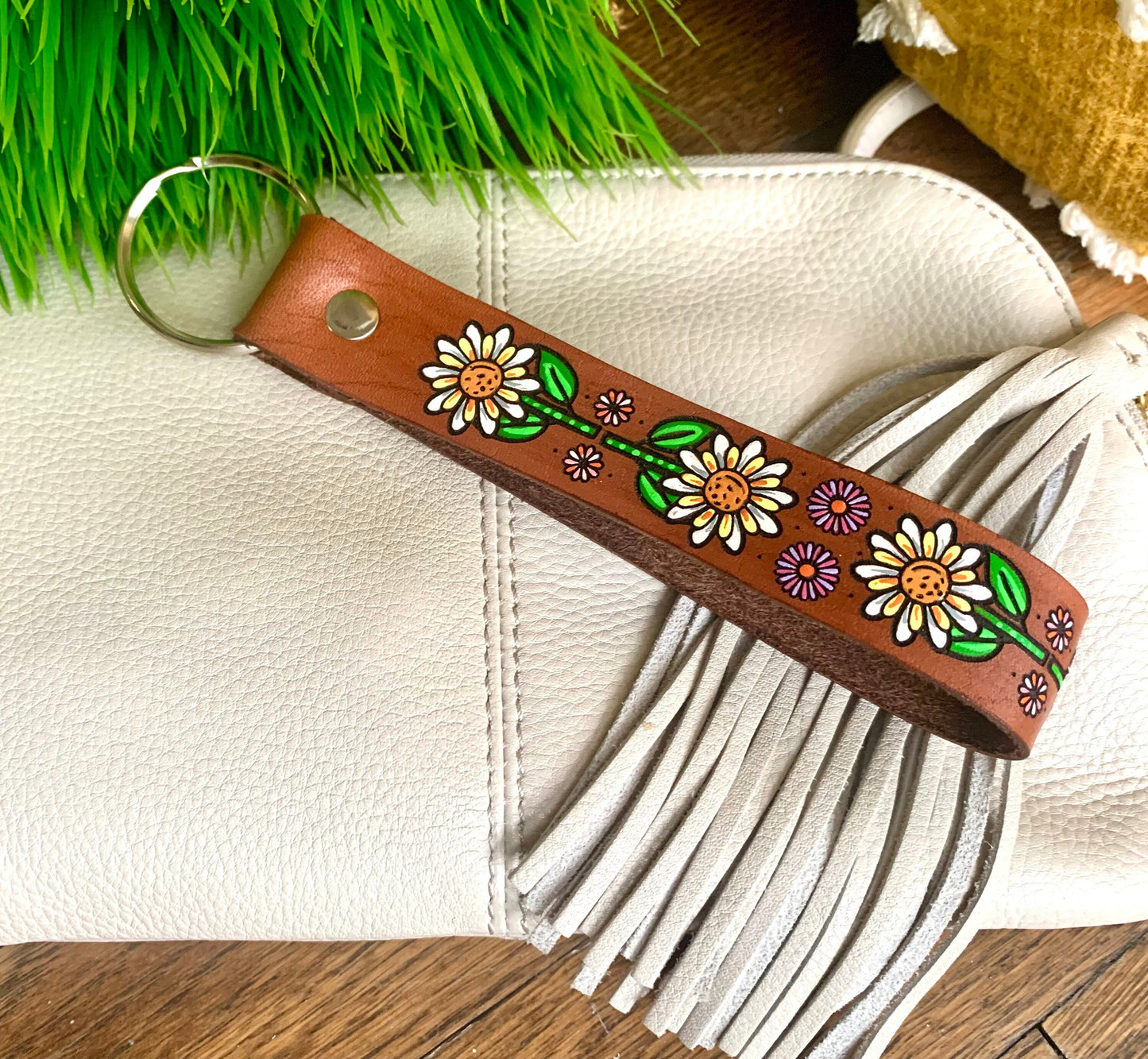 Monogram Daisy Leather Key Ring