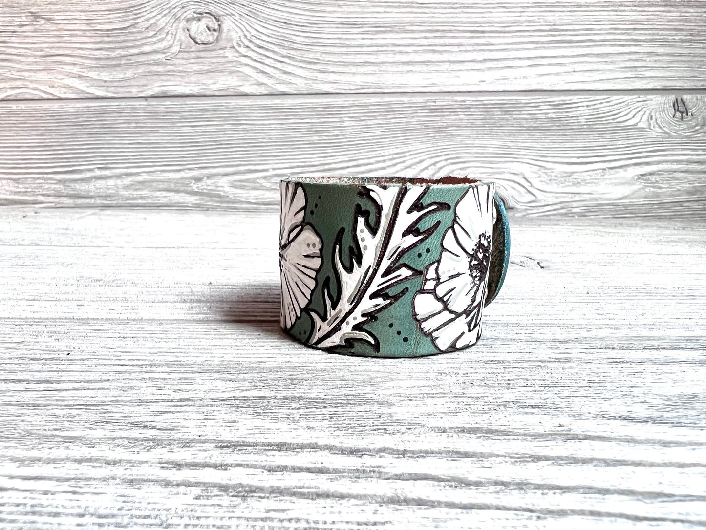 Poppy Flower Monochromatic Leather Cuff