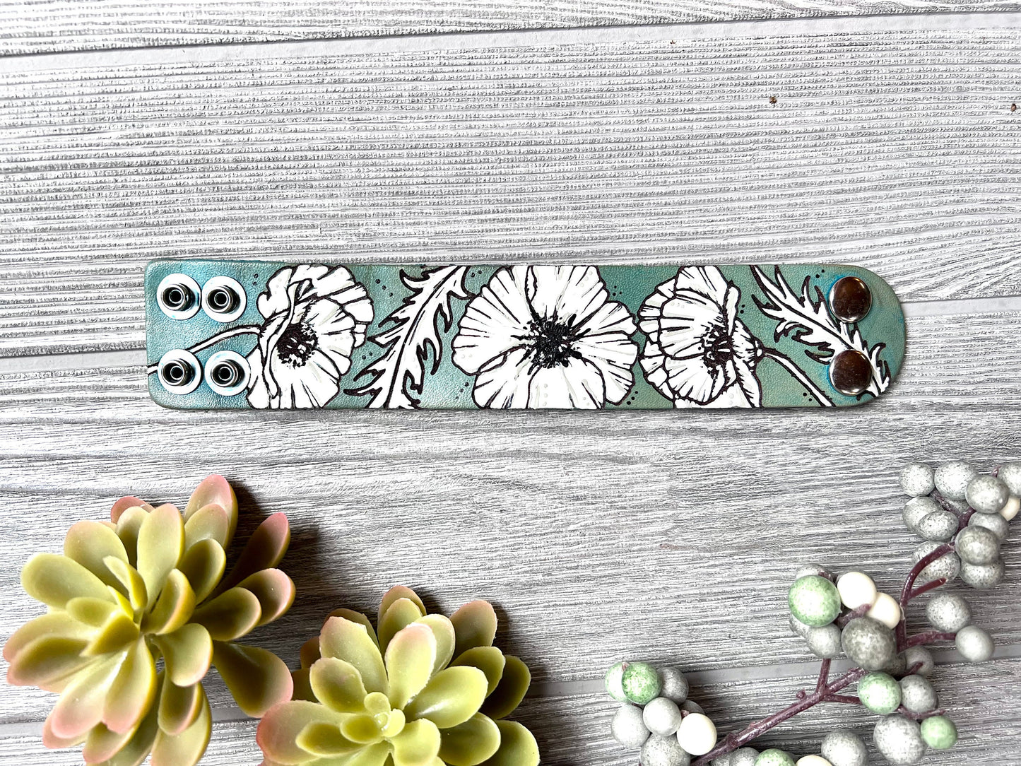 Poppy Flower Monochromatic Leather Cuff