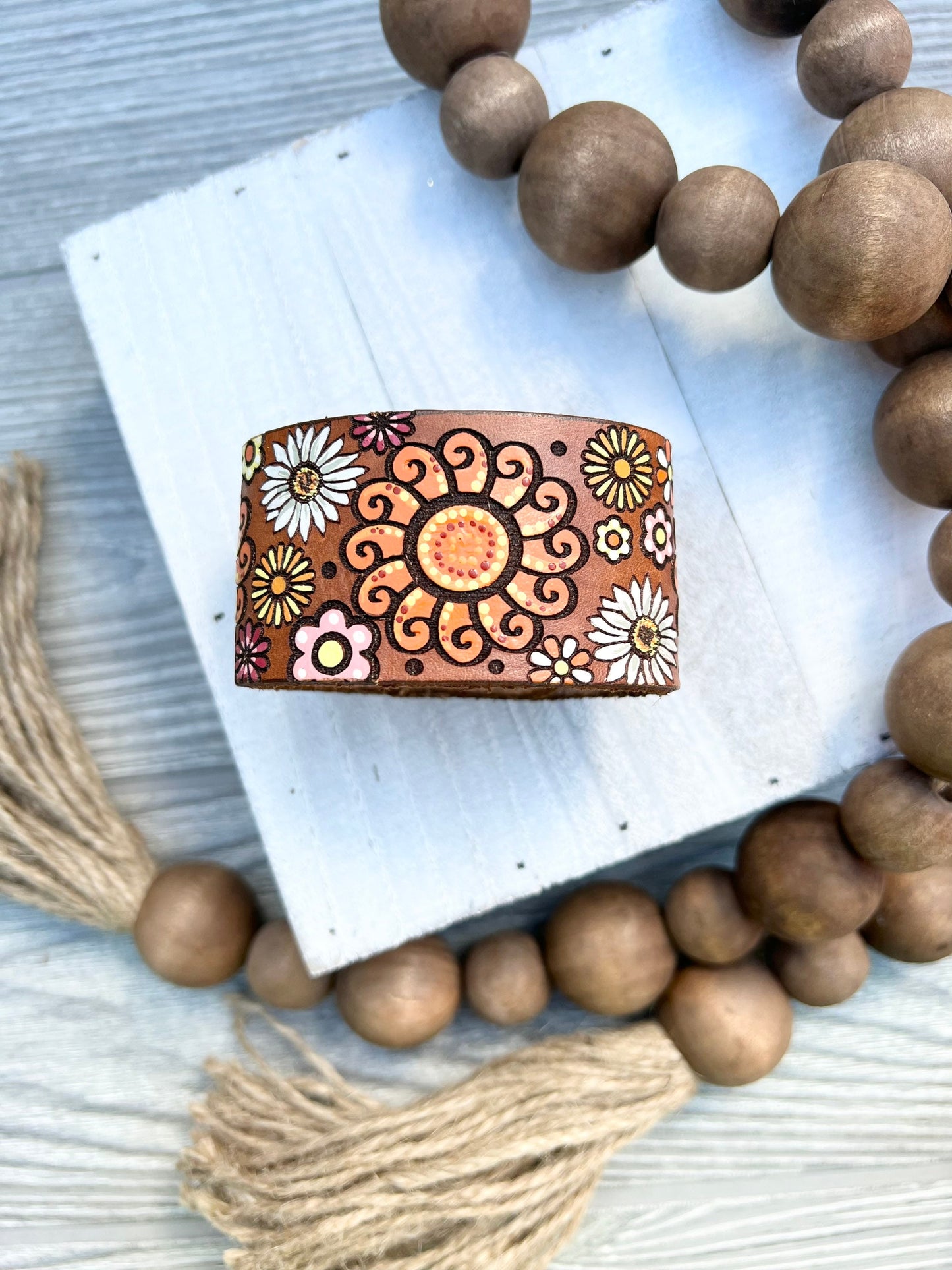 Vibrant Flower Sunburst Leather Cuff