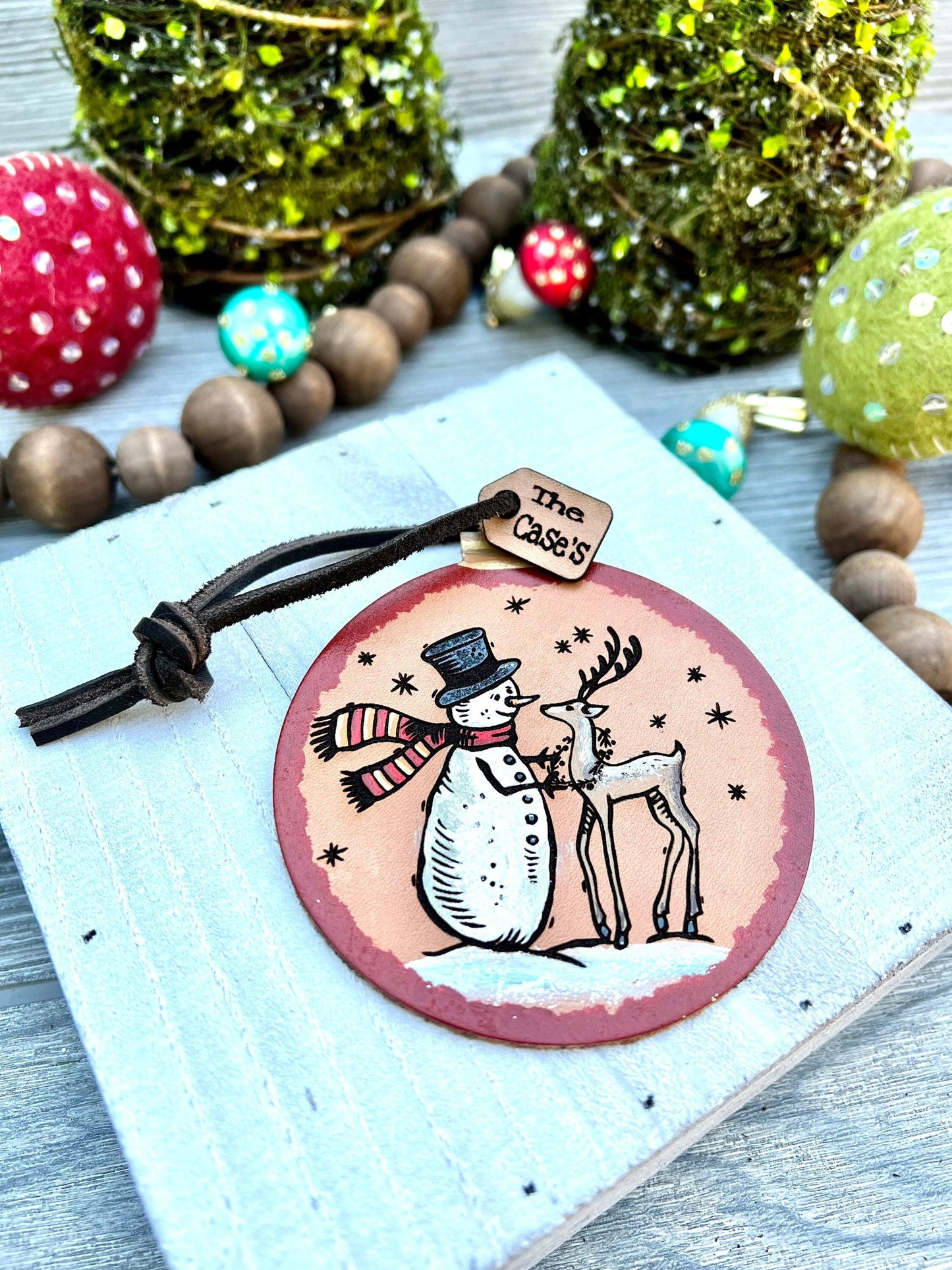 Leather Ornament Snowman & Deer