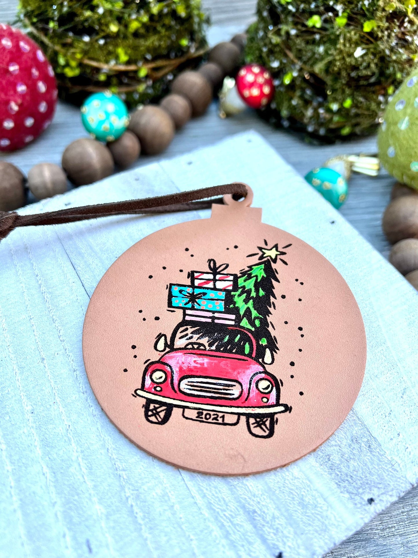 Leather Ornament Red Truck and Christmas Tree