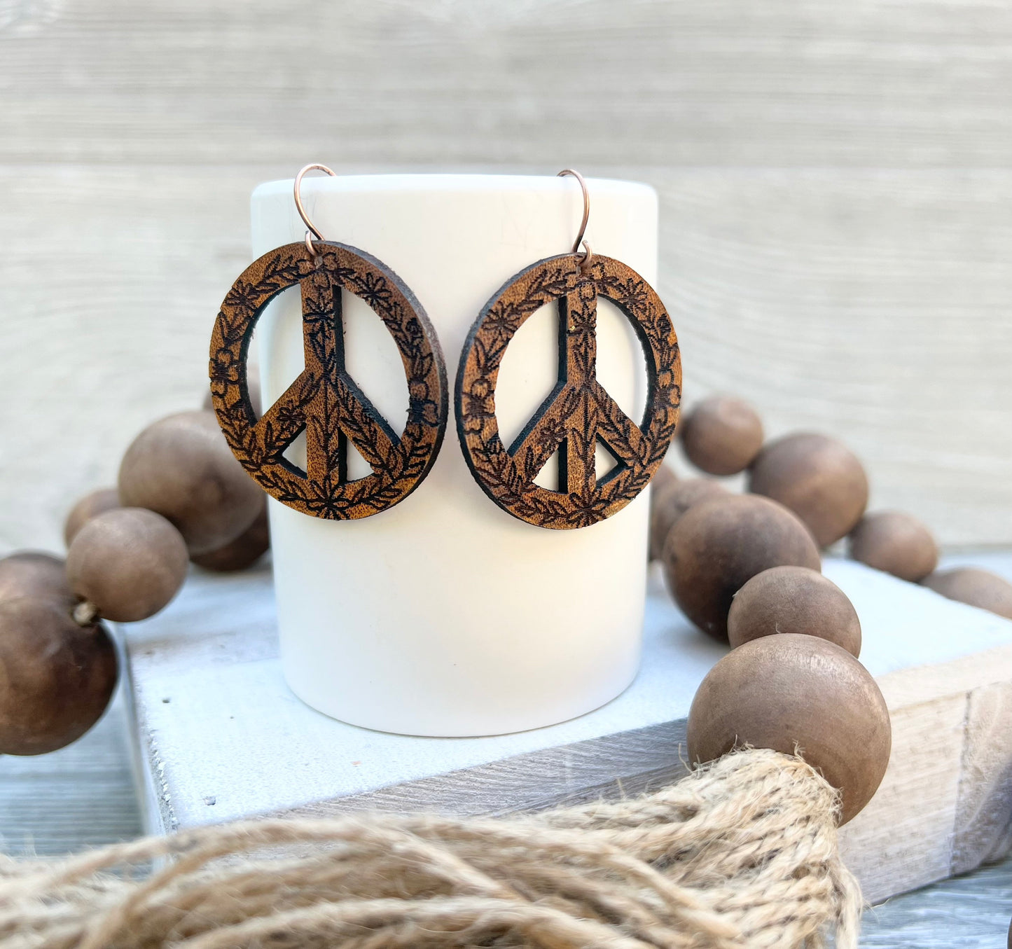 Leather Peace Sign Flower Earrings