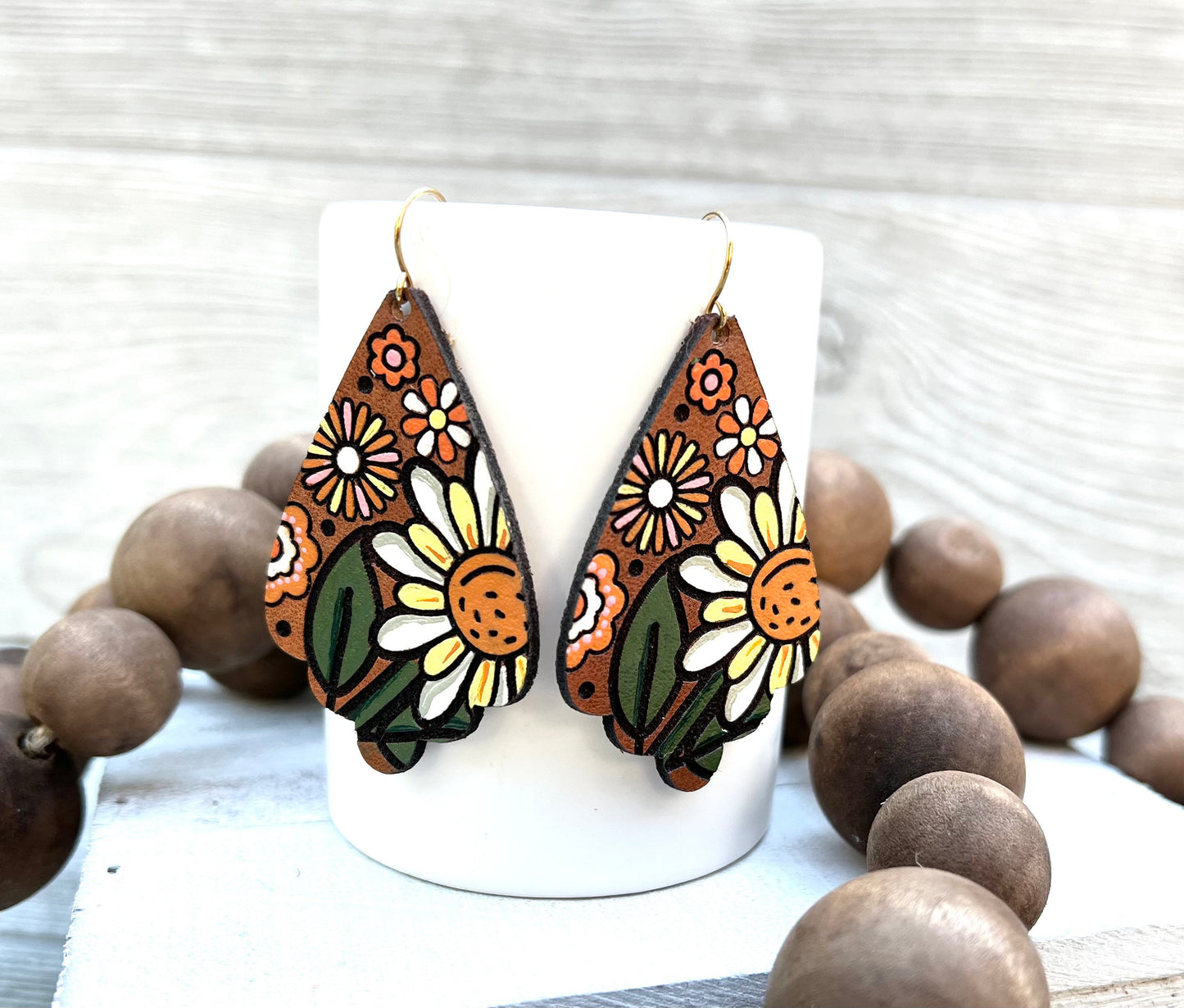 Retro 70s Mod Pop Flower Leather Earrings