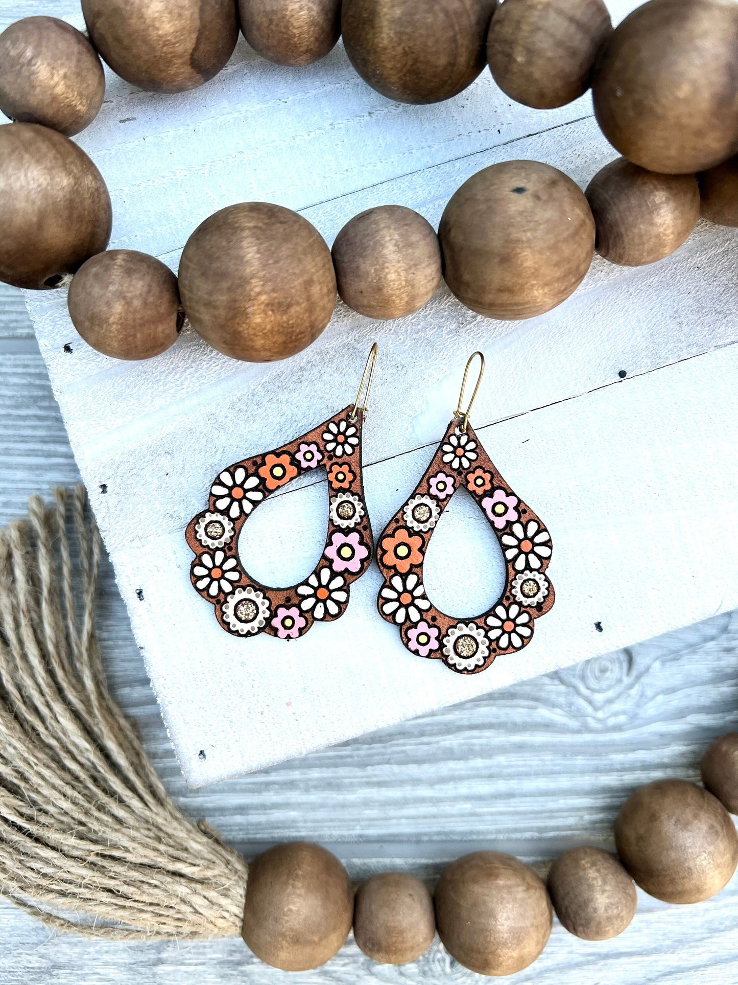 White Flower Leather Earrings