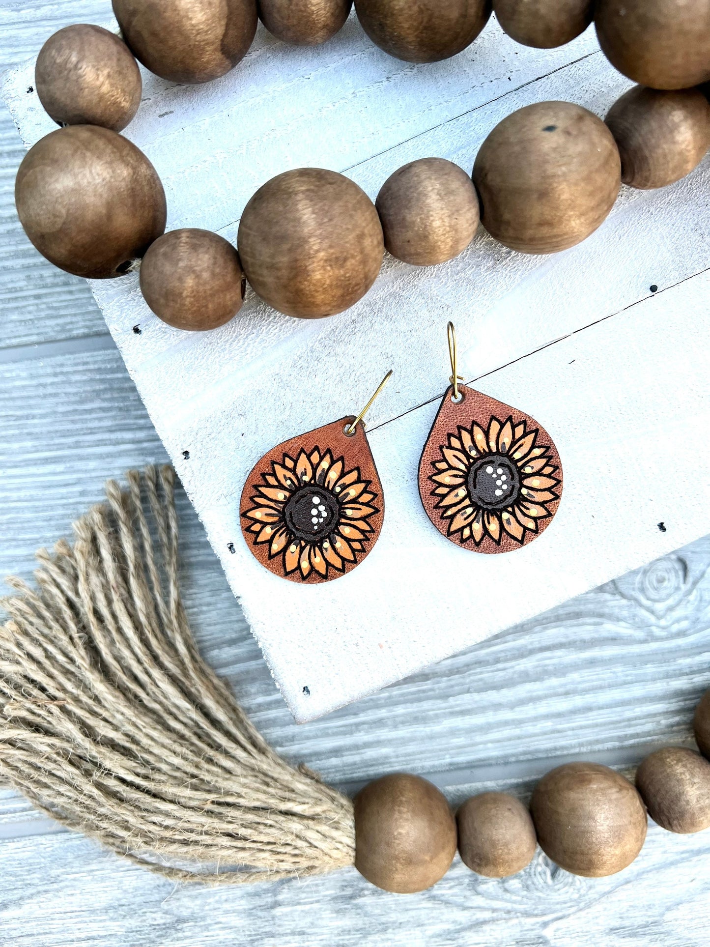 Sunflower Leather Teardrop Earrings