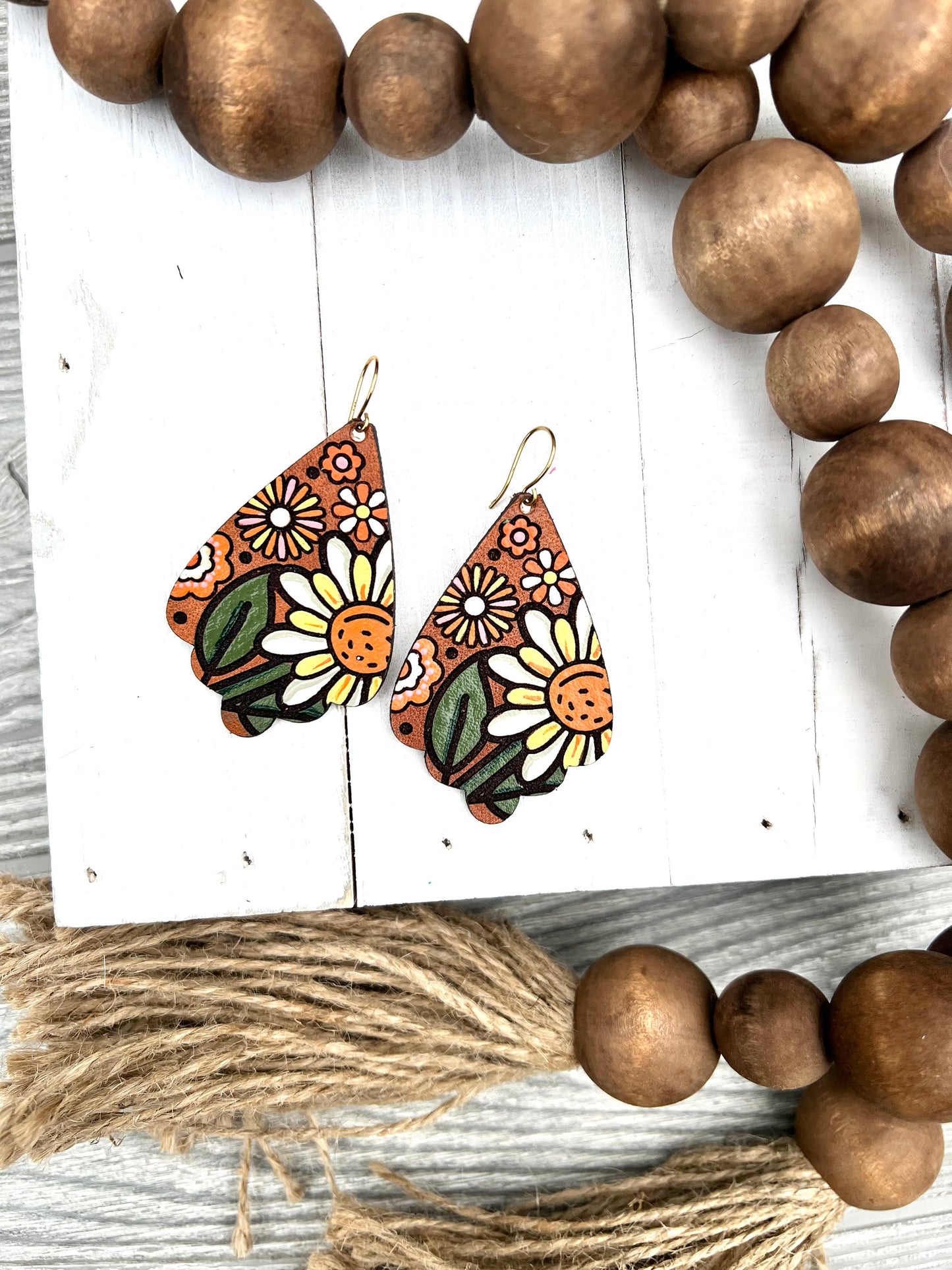 Retro 70s Mod Pop Flower Leather Earrings