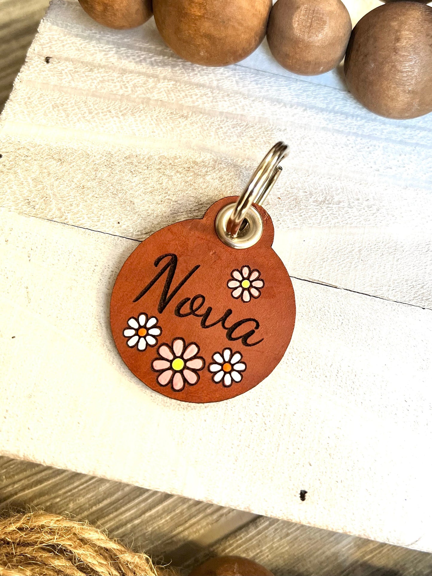 Leather Dog ID Collar Tags - Nova-Style Flower Tag