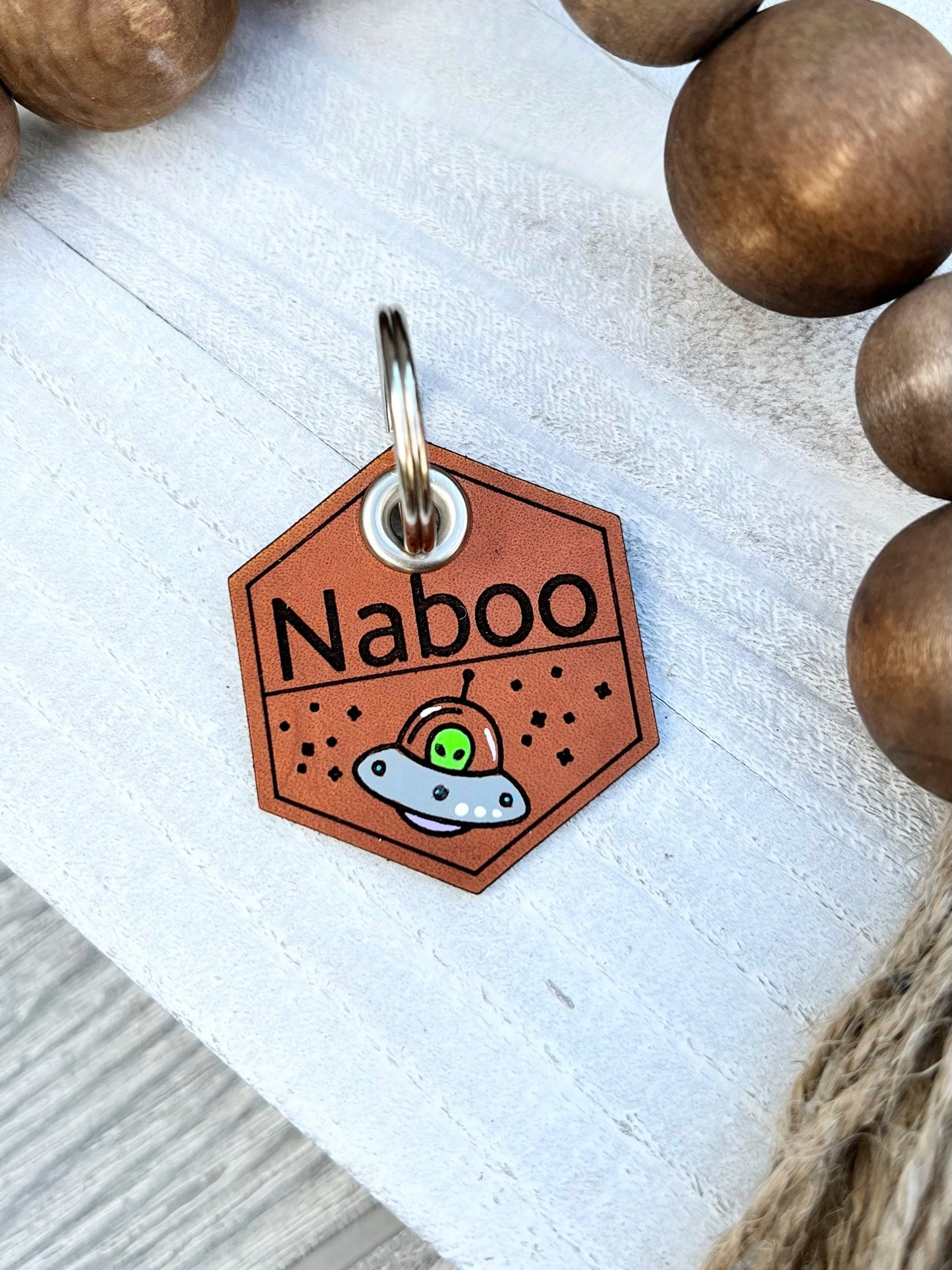 Leather Dog ID Collar Tags - Naboo-Style Alien UFO Tag