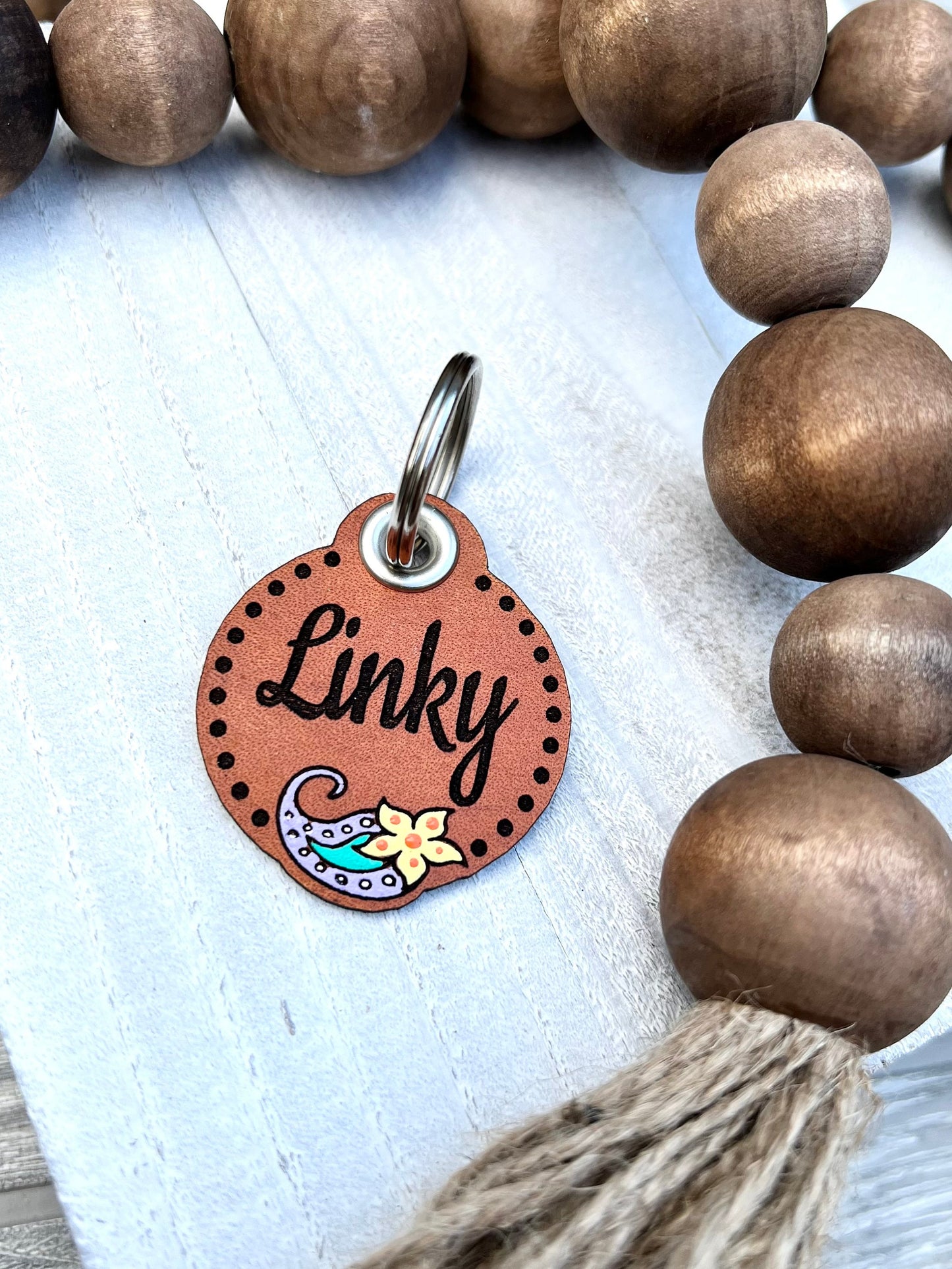 Leather Dog ID Collar Tags - Linky-Style Paisley Flower Tag