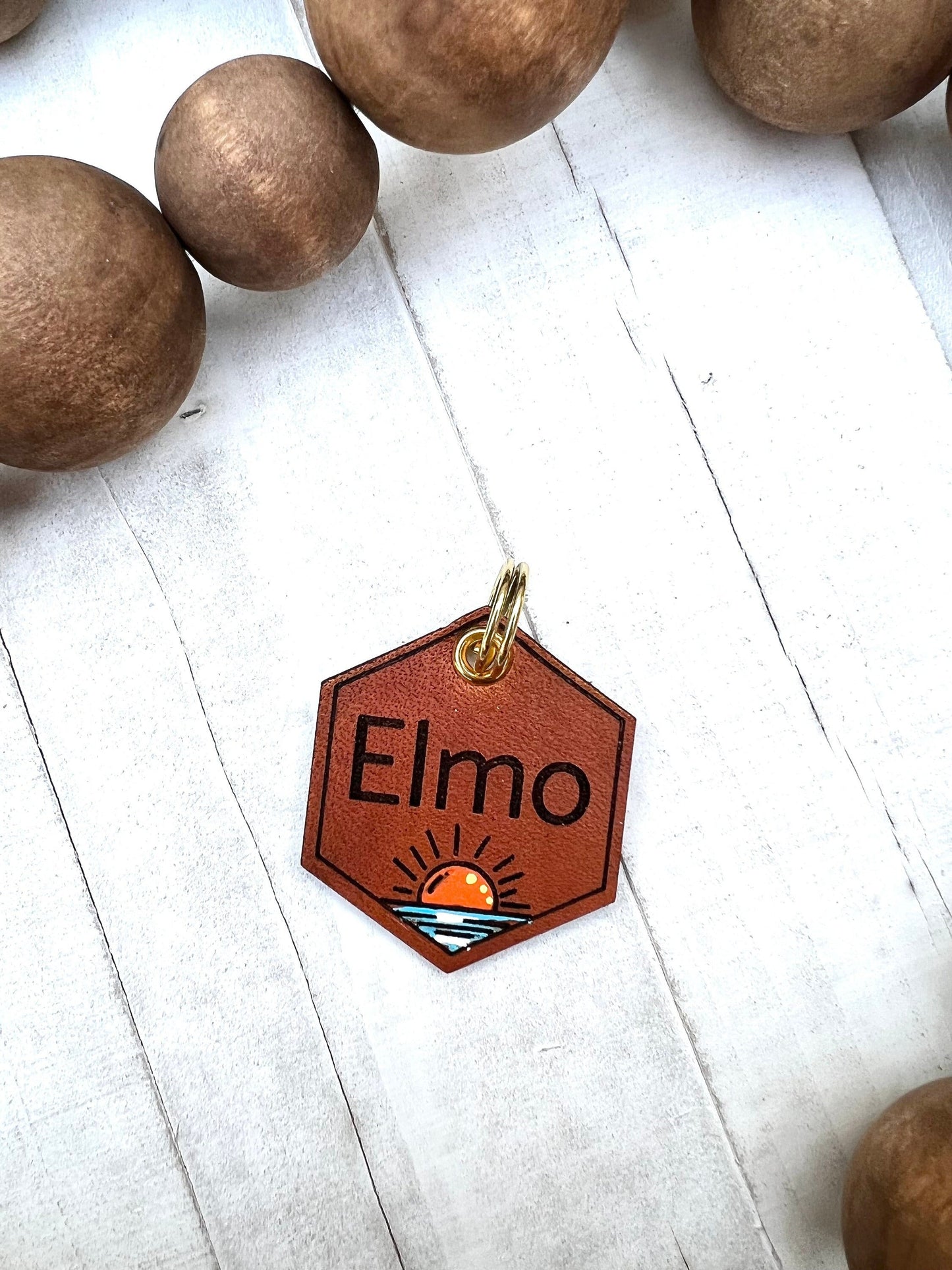 Leather Dog ID Collar Tags - Elmo-Style Sunrise Sunset Tag