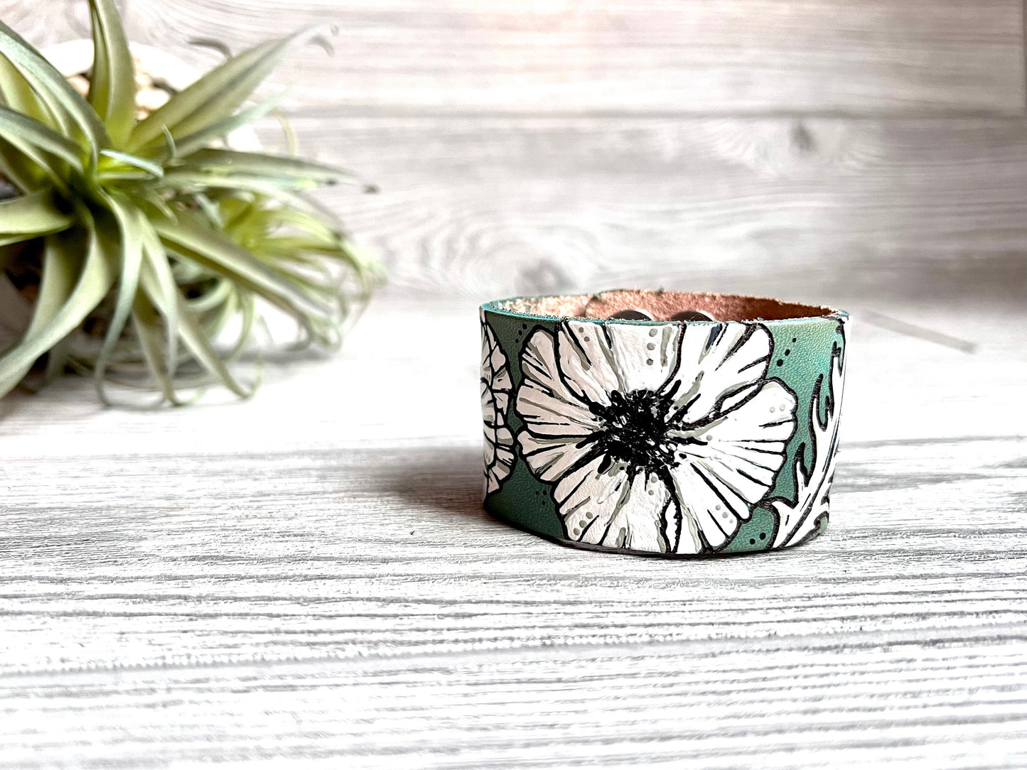 Poppy Flower Monochromatic Leather Cuff