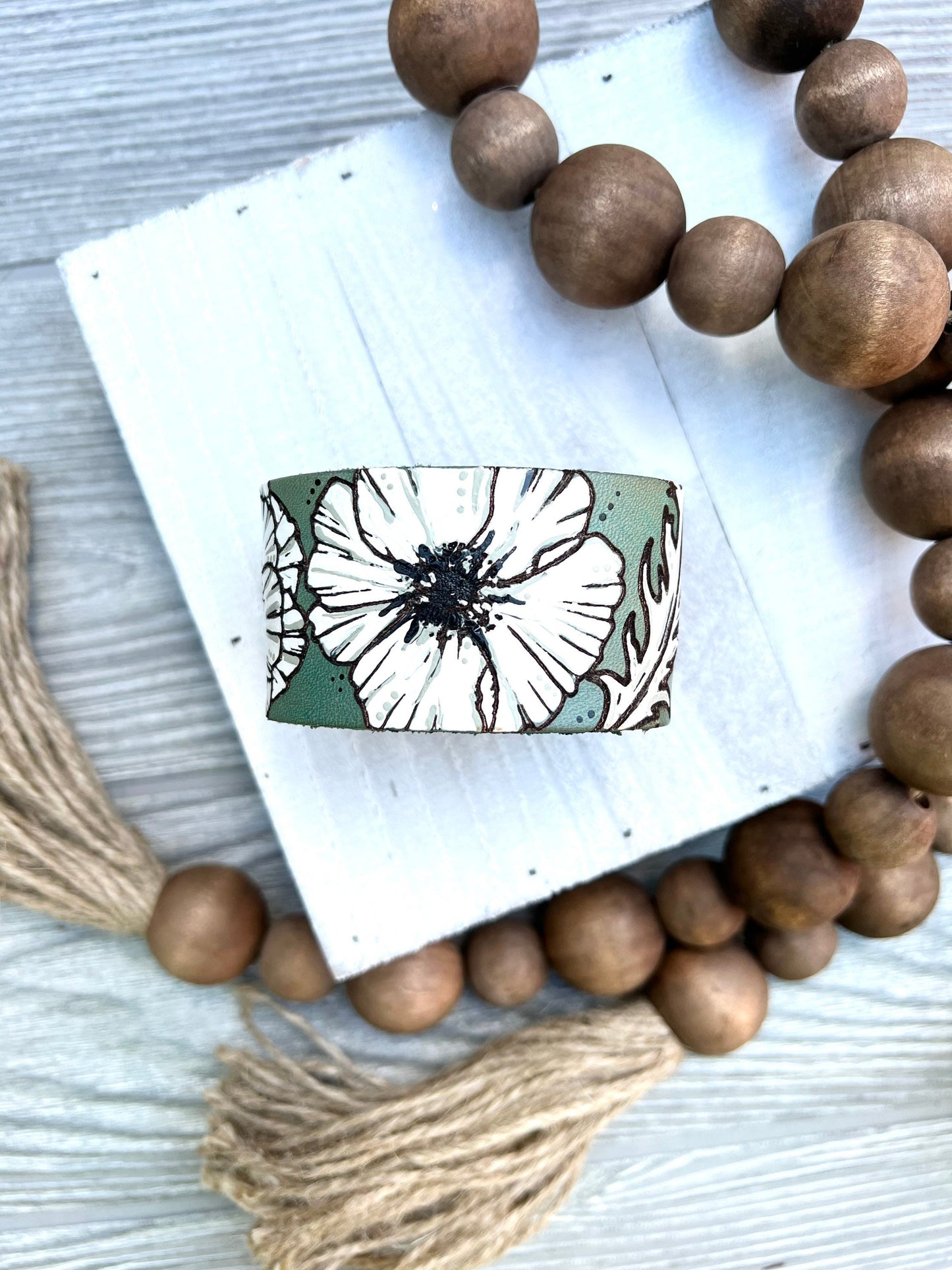 Poppy Flower Monochromatic Leather Cuff