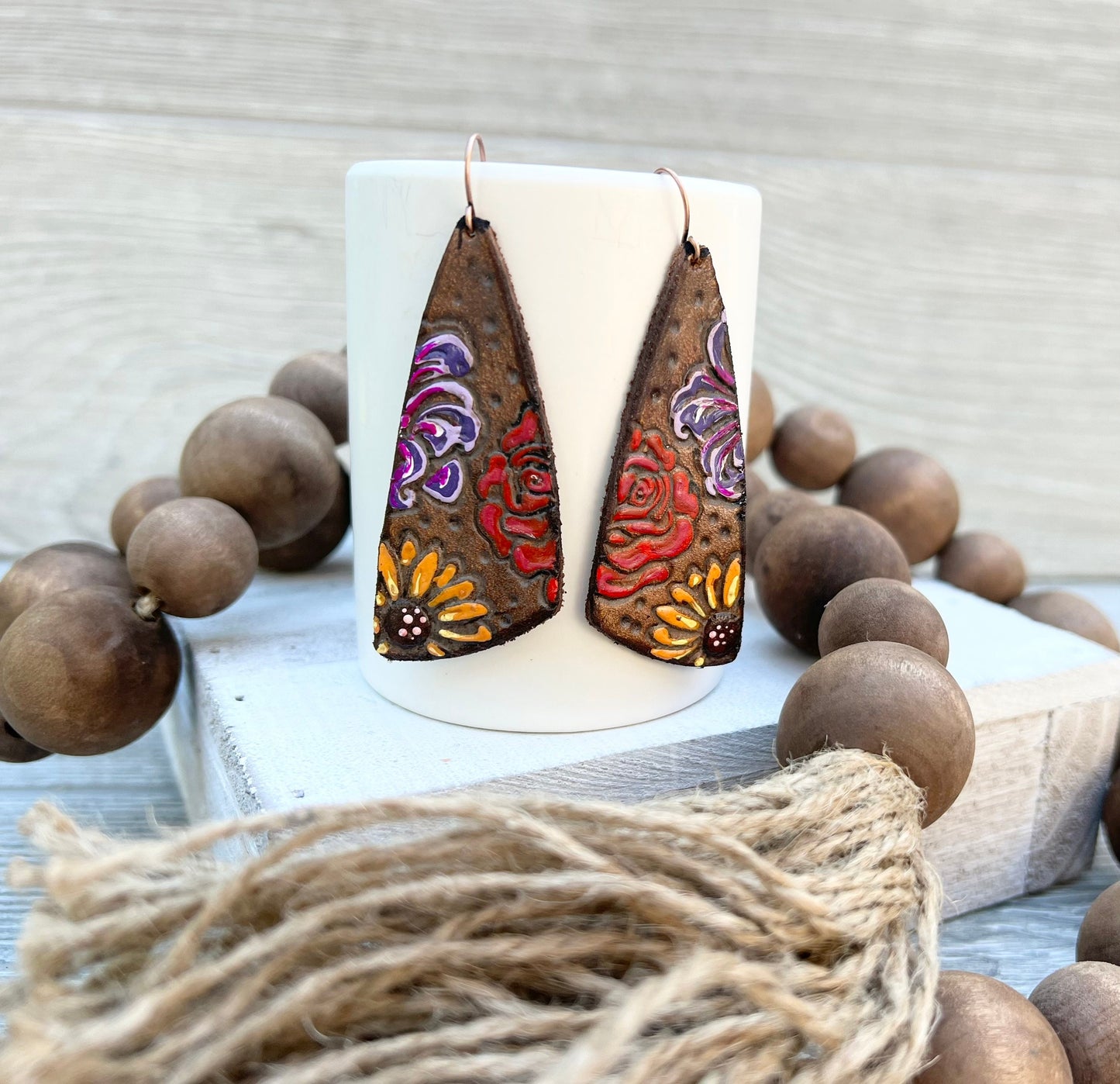 Leather Stamped Sunflower and Roses Earrings