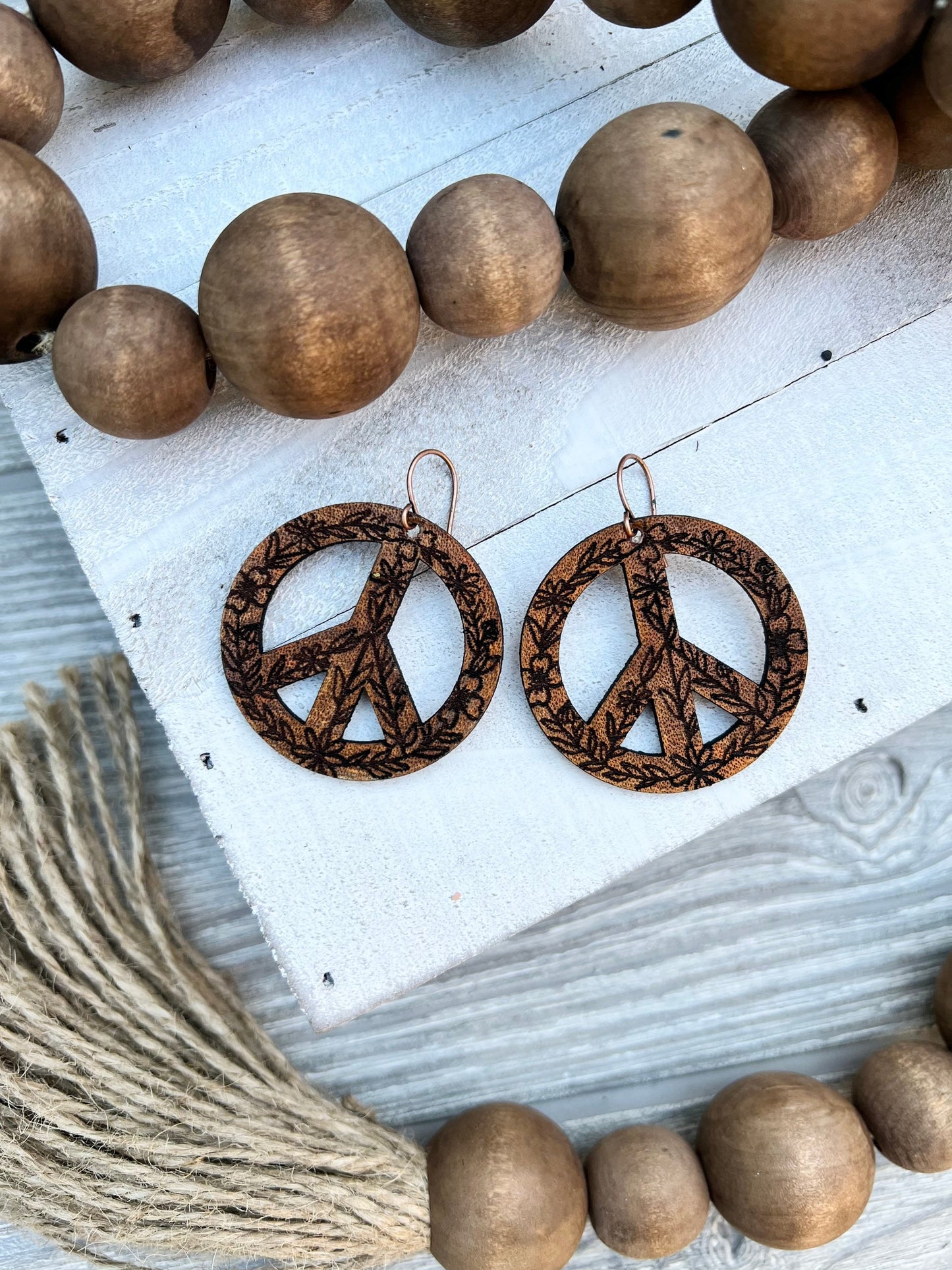Leather Peace Sign Flower Earrings