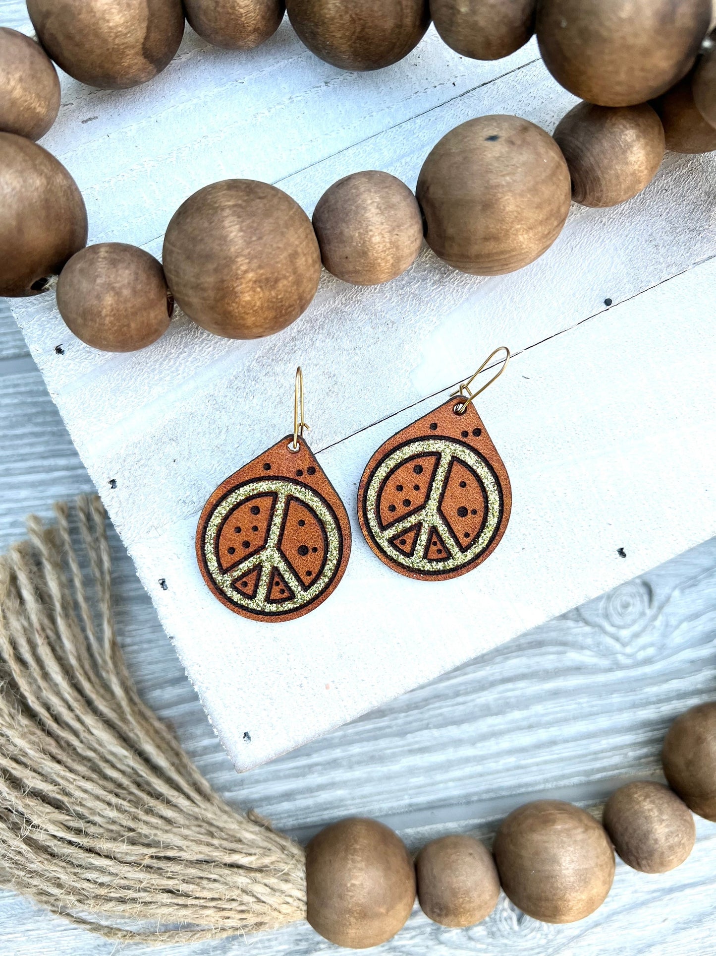 Leather Peace Sign Glitter Earrings
