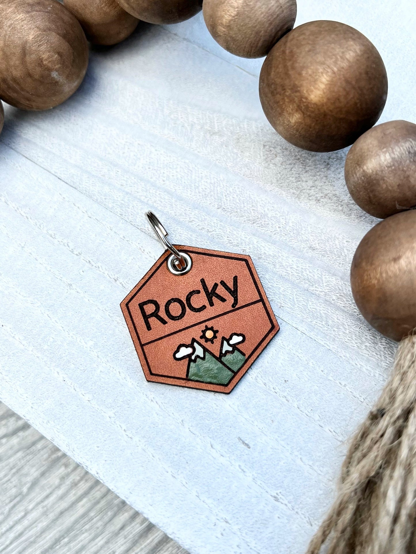Leather Dog ID Collar Tags - Rocky-Style Mountain Tag