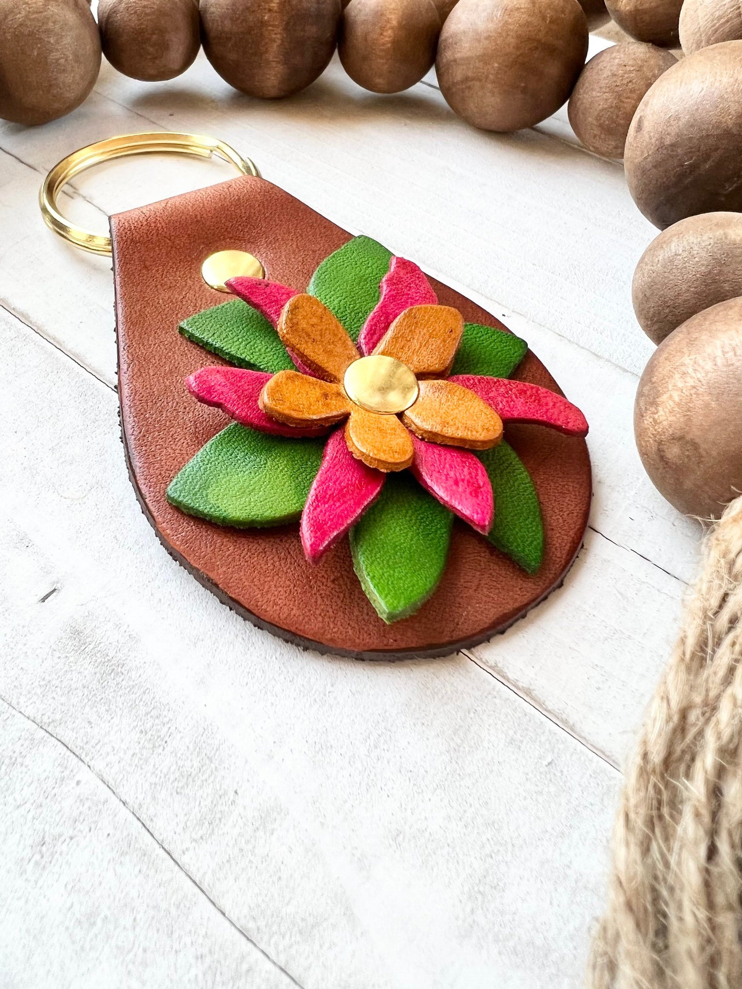 Leather Raised Flower and Sunflowers Key Ring