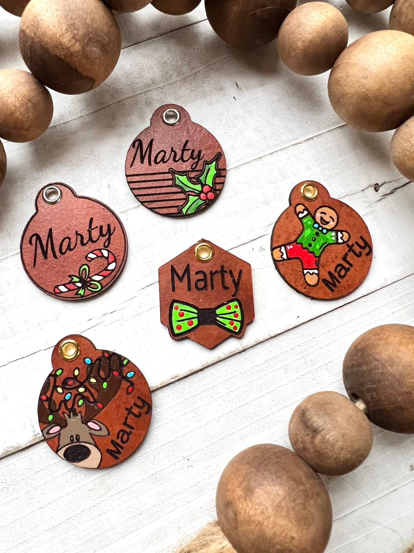 Leather Dog ID Collar Tags - Christmas Bow Tie Tag