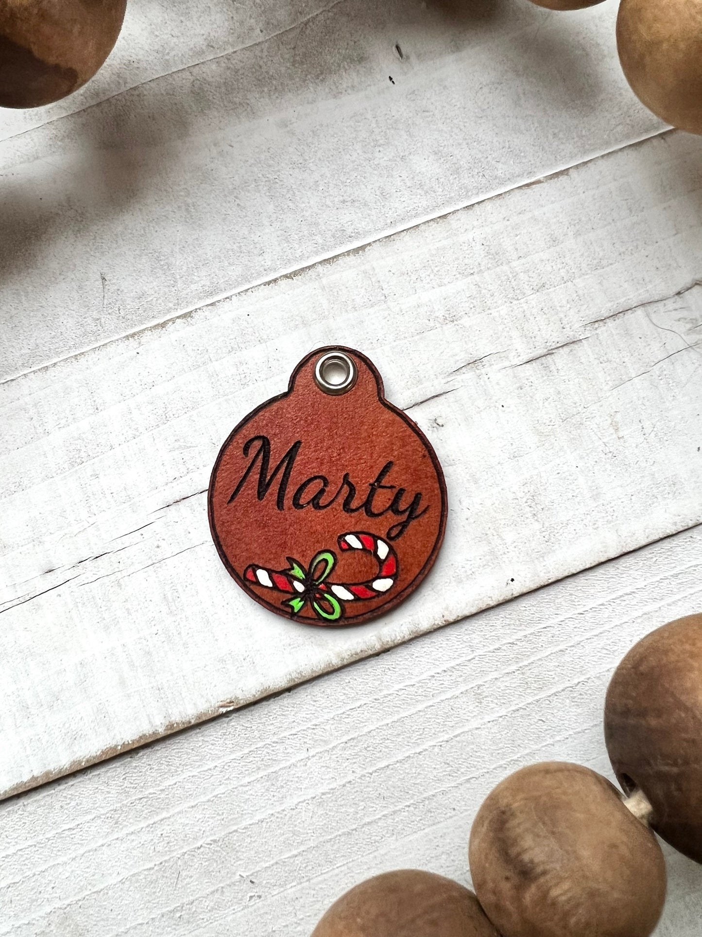 Leather Dog ID Collar Tags - Candy Cane Tag