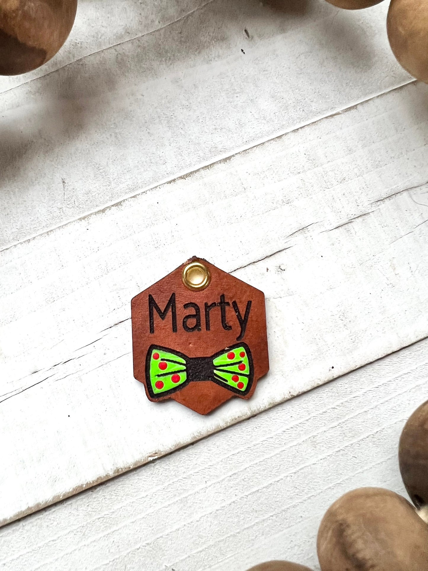 Leather Dog ID Collar Tags - Christmas Bow Tie Tag