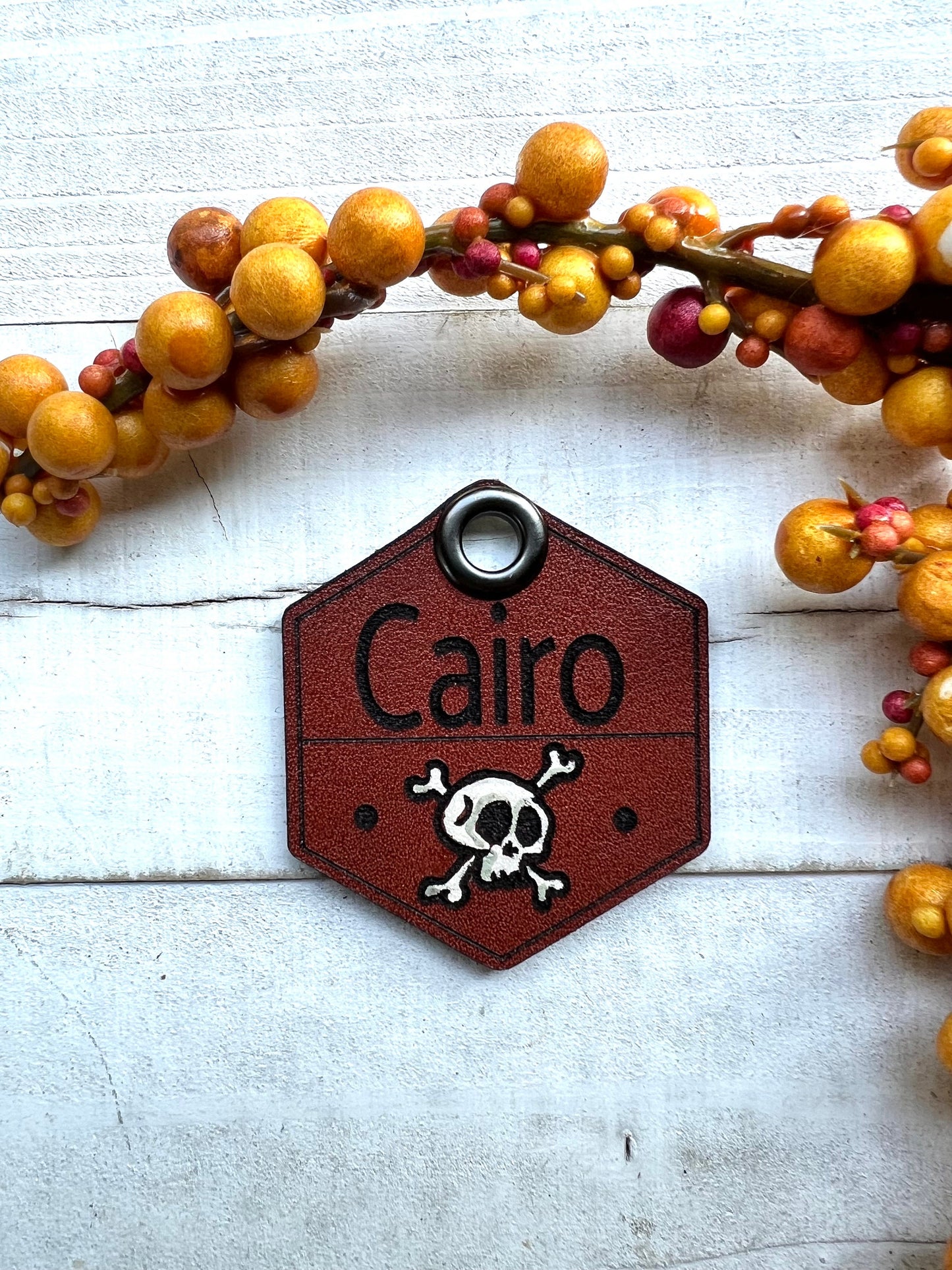 Leather Dog ID Collar Tags - Halloween Skull Bones Tag