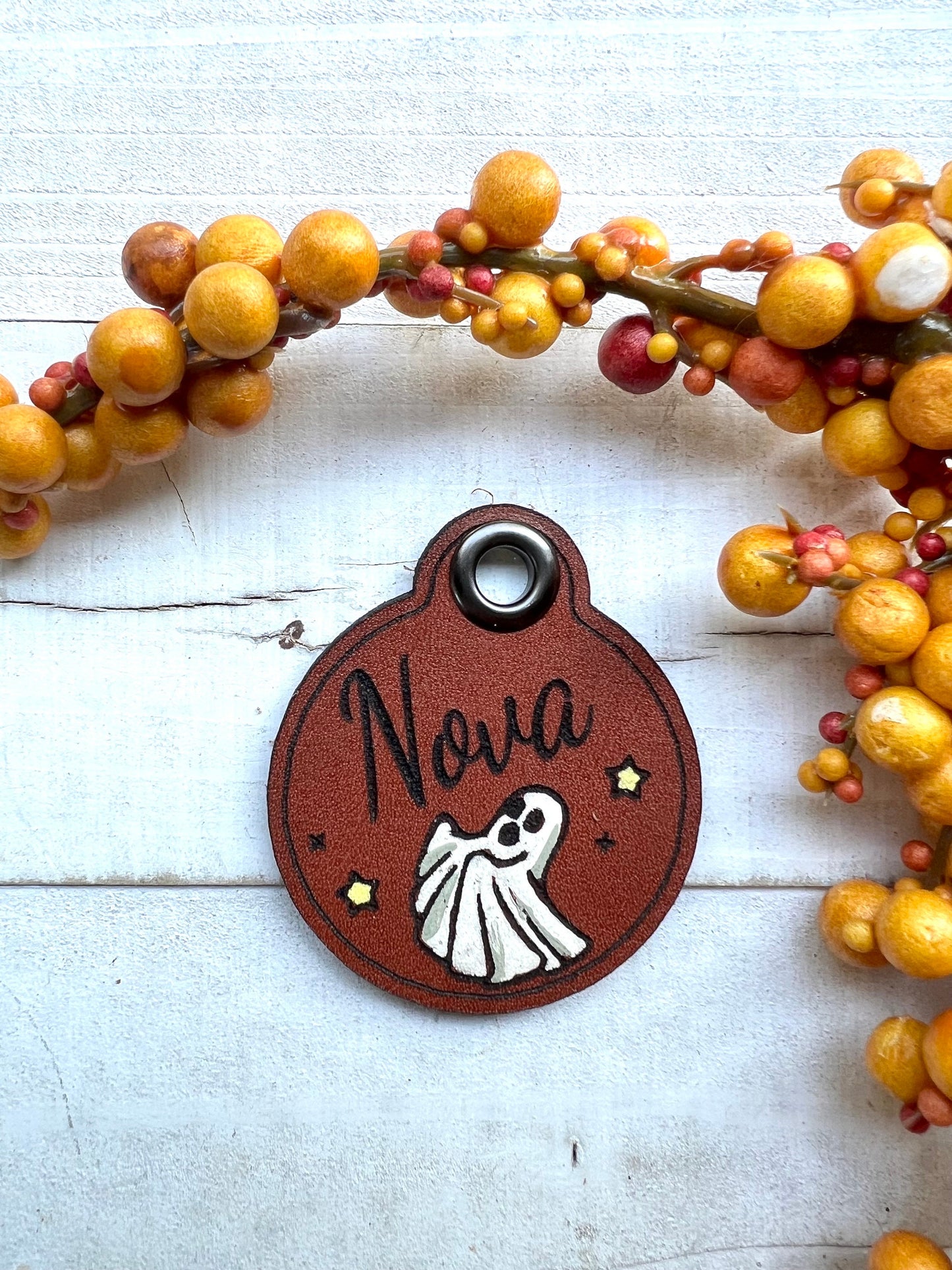 Leather Dog ID Collar Tags - Halloween Ghost Tag