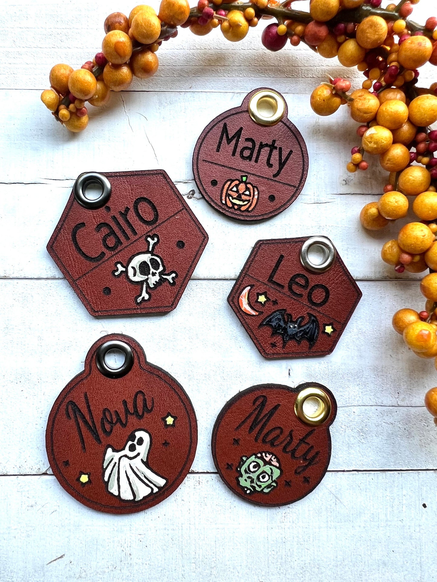 Leather Dog ID Collar Tags - Halloween Pumpkin Tag
